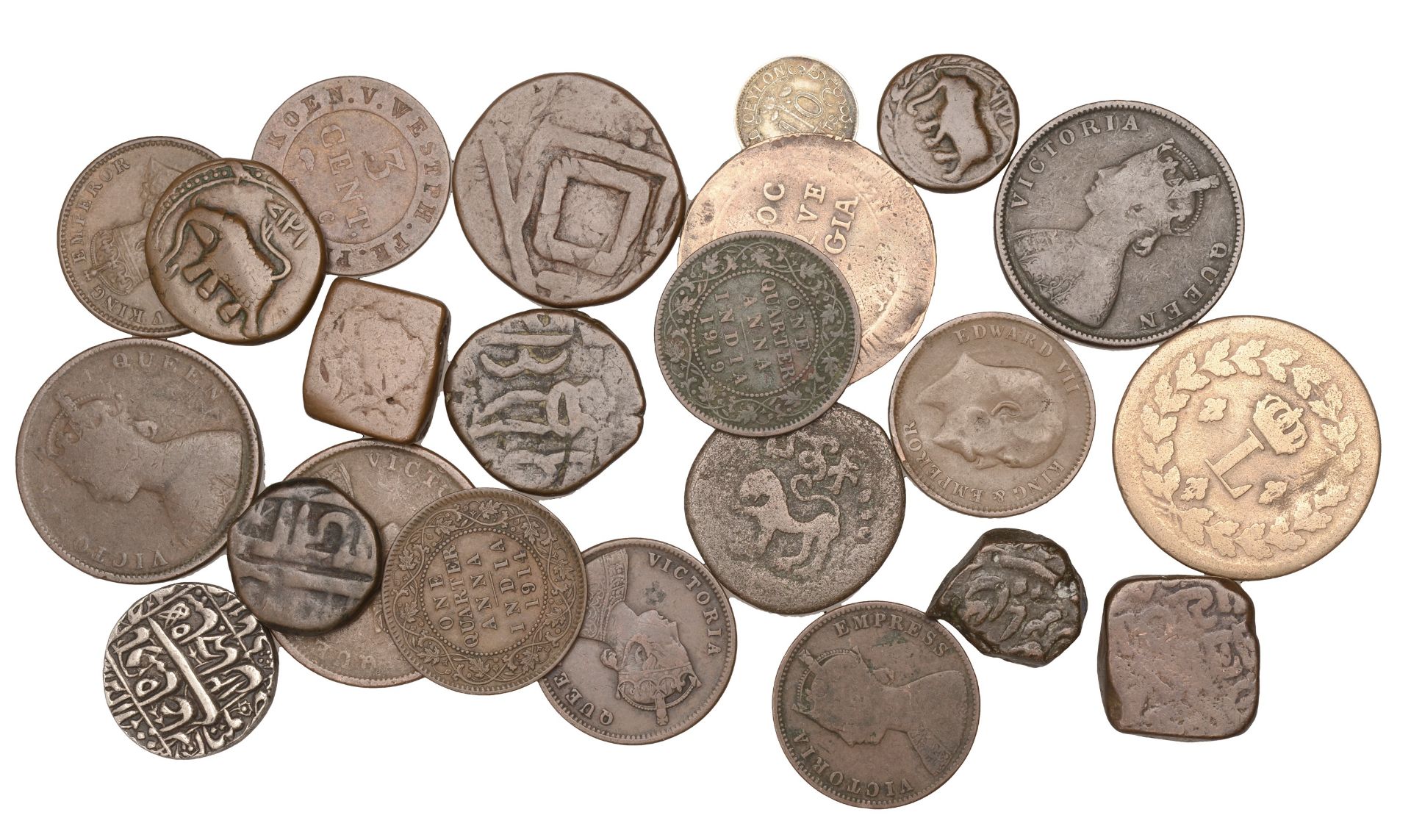 India, Assorted Indian coins in silver (1) and base metal (18); together with other coins (4...