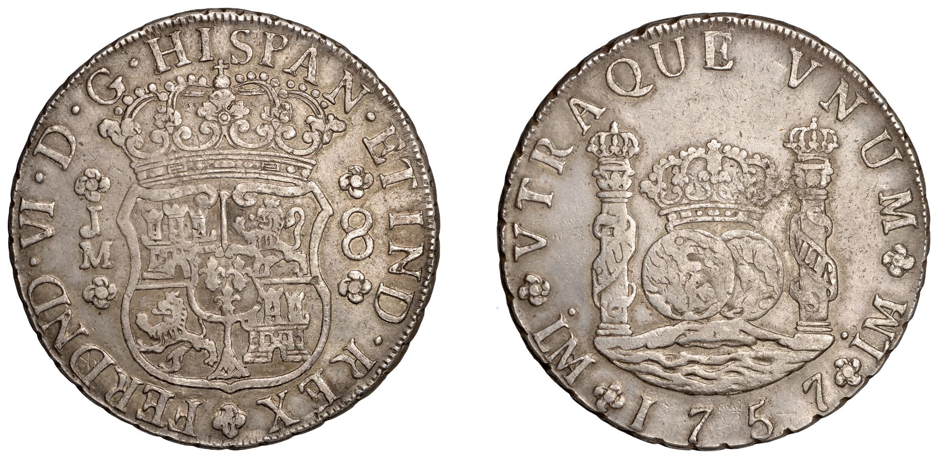 Peru, Ferdinand VI, 8 Reales, 1757jm, Lima, 27.00g/11h (CCT 282; CayÃ³n 10620). Traces of mou...