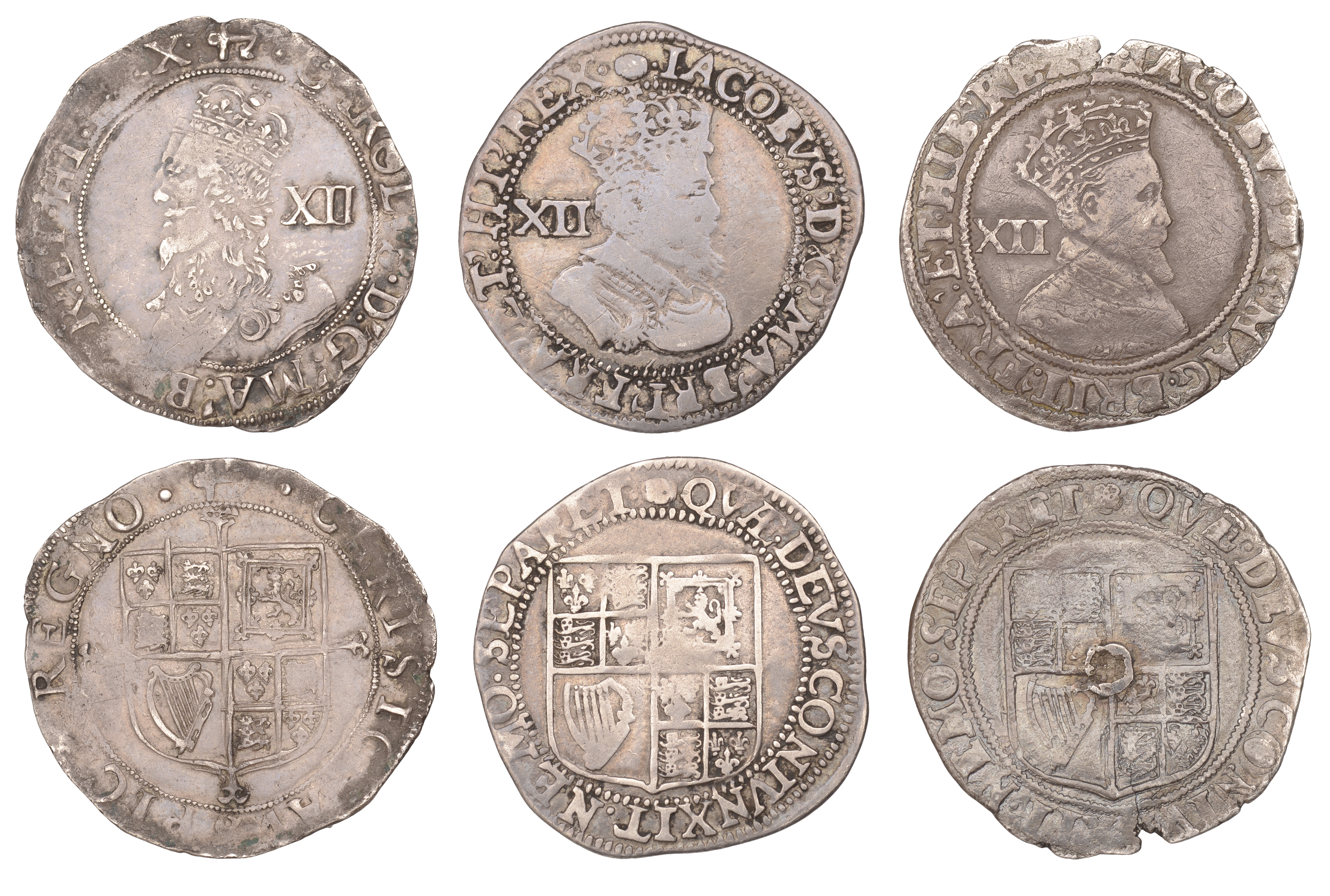 James I, Second coinage, Shilling, mm. rose, third bust, 5.62g/6h (S 2654); Shilling, mm. tu...