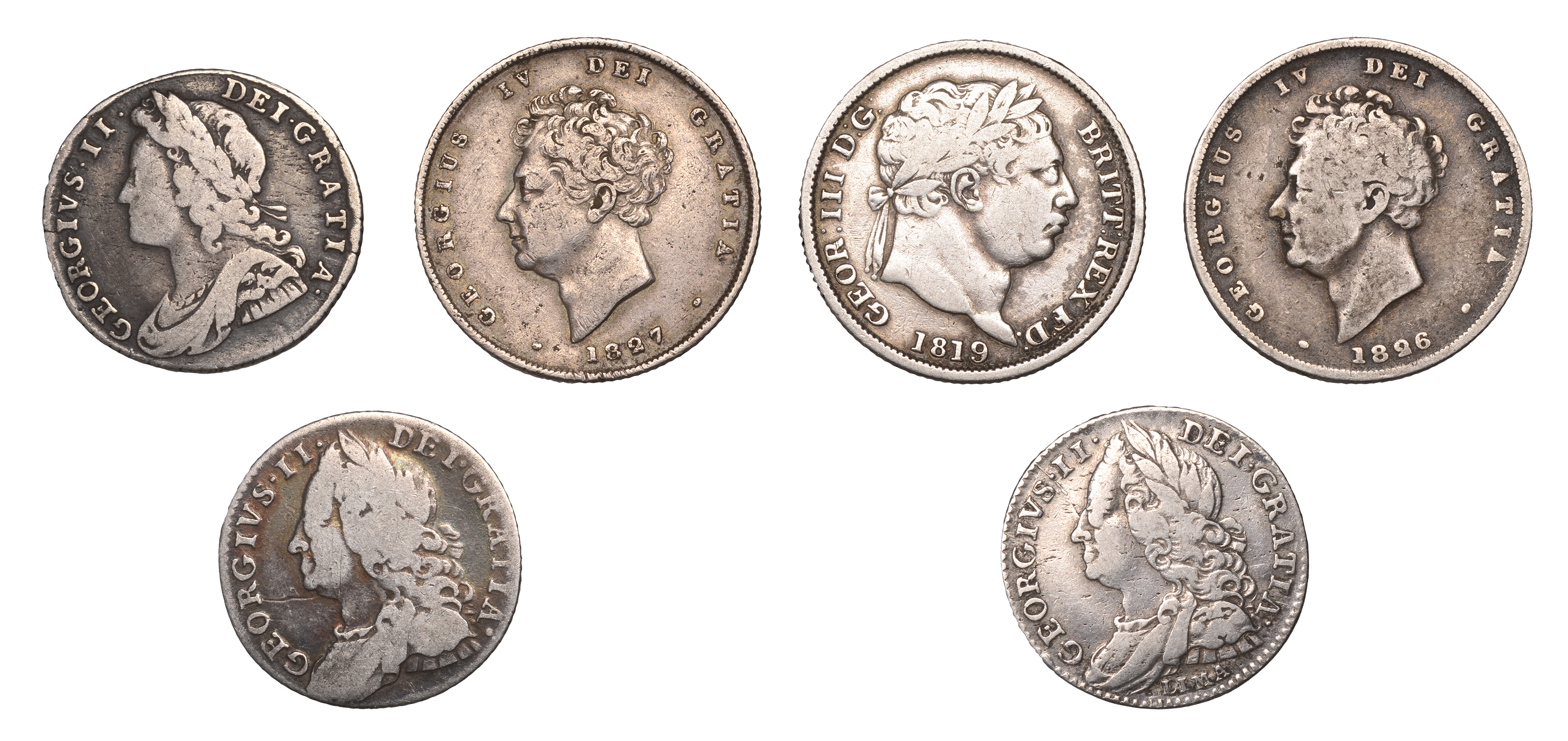 George II, Sixpences (3), 1731 roses and plumes, 1746 lima, 1757 (S 3707, 3710A, 3711); Geor...