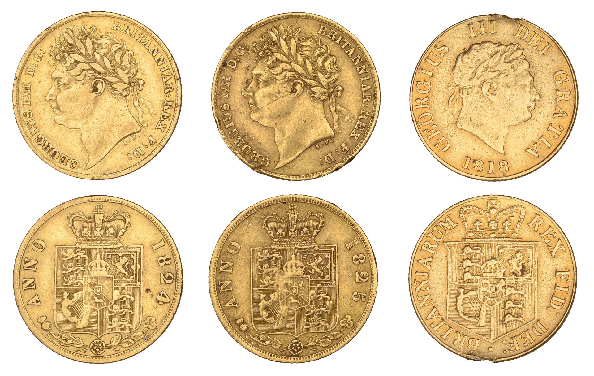 George III, Half-Sovereign, 1818 (S 3786); George IV, Half-Sovereigns (2), 1824, 1825 (S 380...