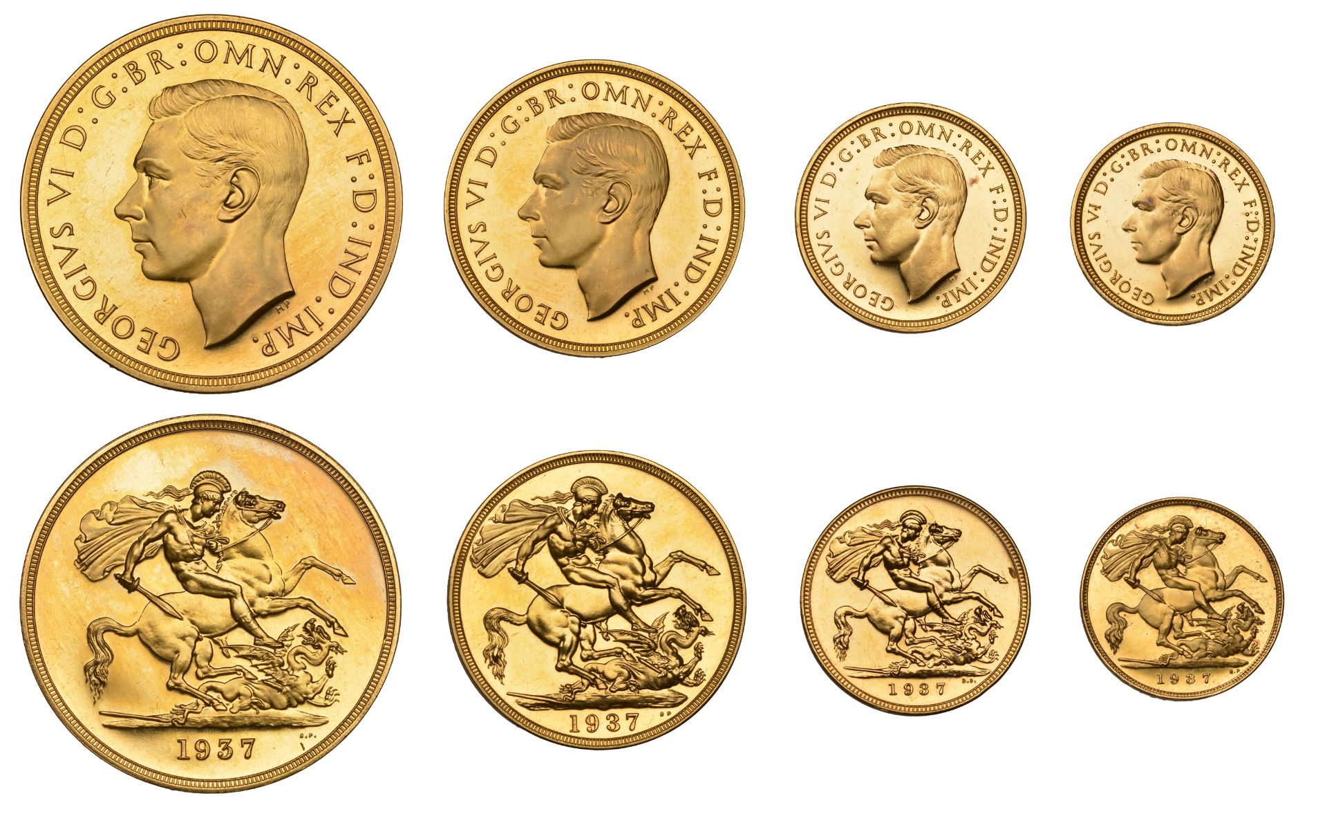 George VI (1936-1952), Proof set, 1937, comprising Five Pounds, Two Pounds, Sovereign and Ha...