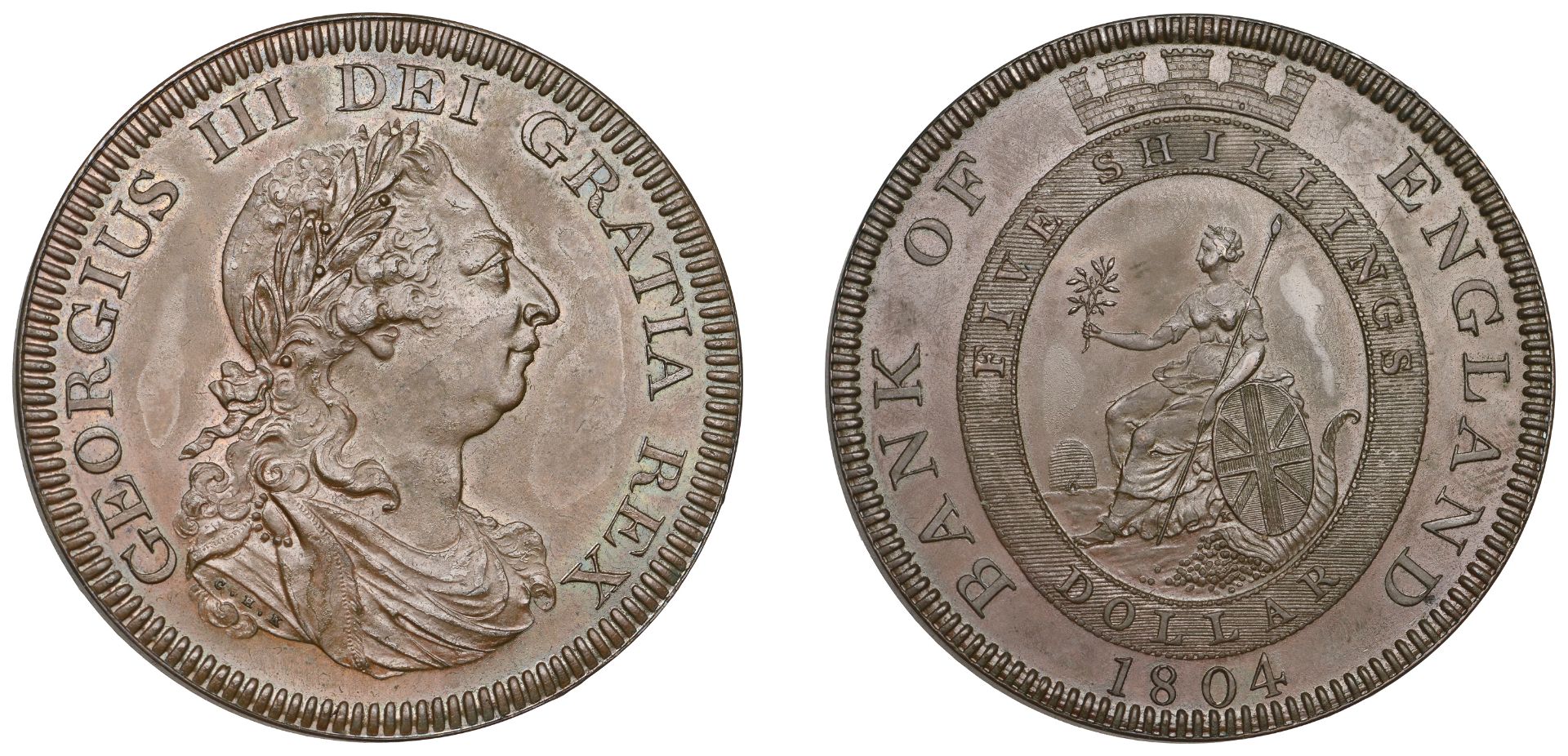 George III (1760-1820), Bank of England, Proof Dollar, 1804, in copper, types E/2, on a thic...