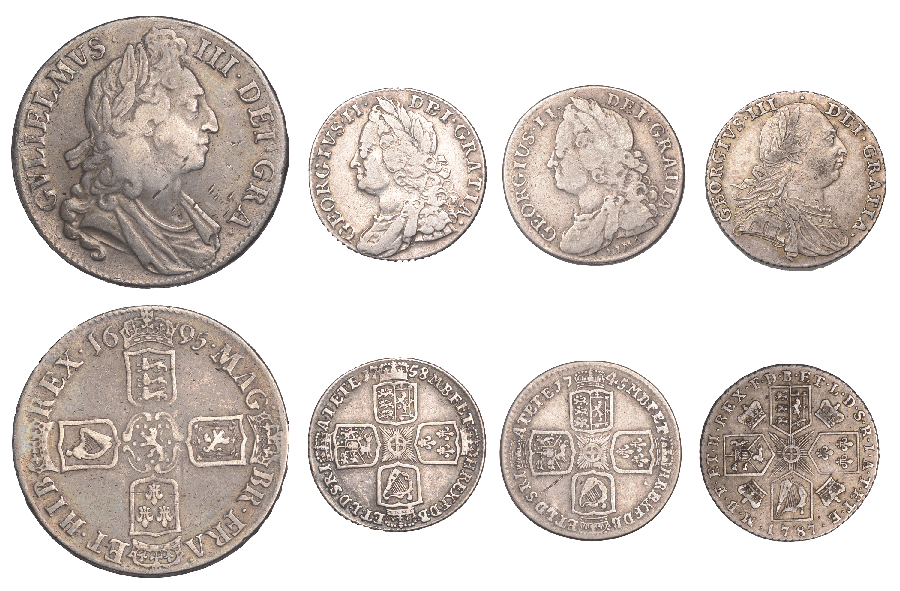 William III, Crown, 1695, first bust, edge septimo (S 3470); George II, Shillings (2), 1745...