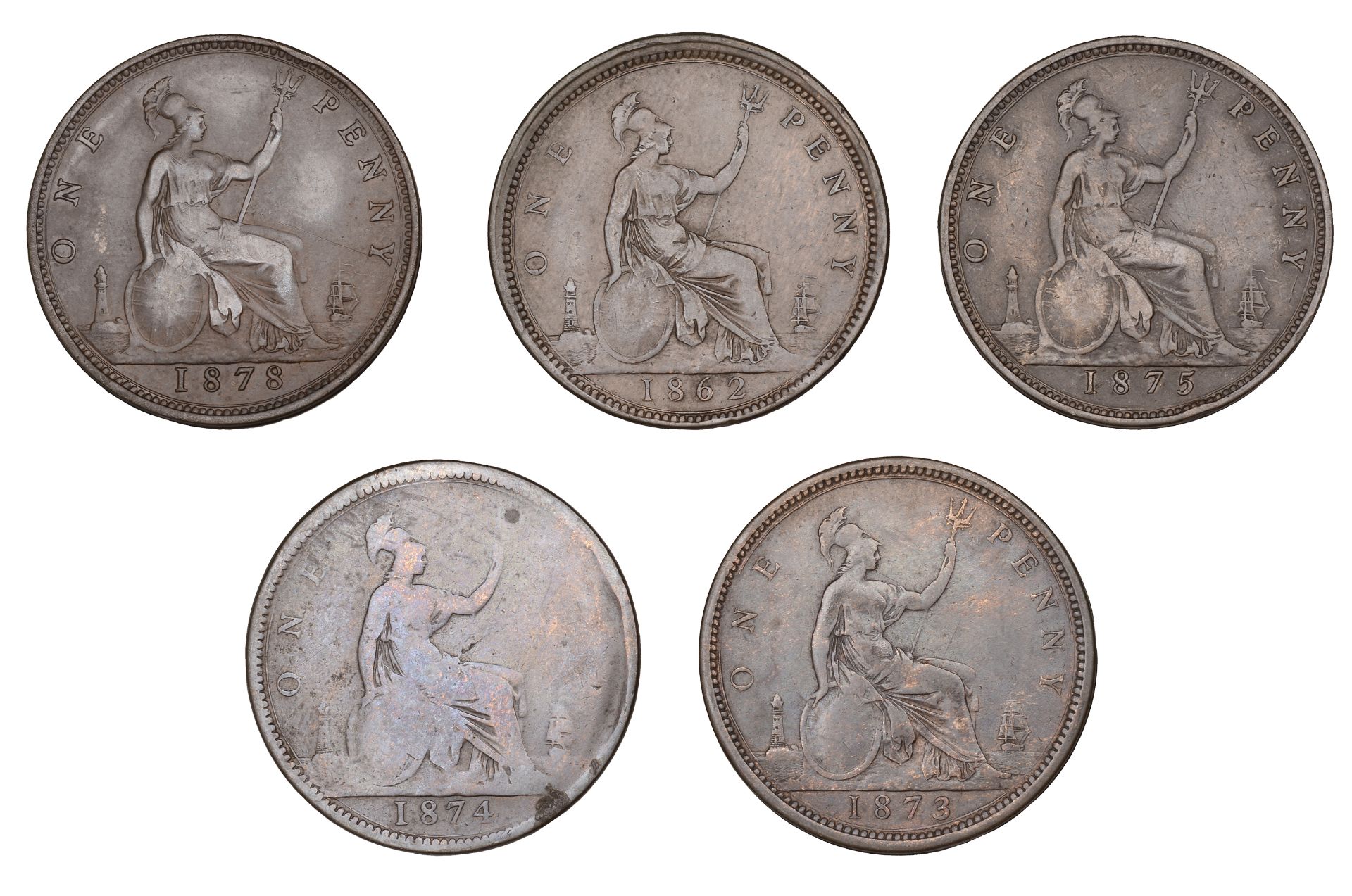 Victoria, Pennies (5), all rev. brockages, 1862, die g, 9.35g; 1873, die g, 9.30g; 1874, die...