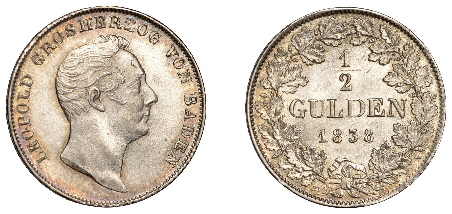 Germany, BADEN, Leopold I, Half-Gulden, 1838 (KM 209). Good extremely fine with some toning...