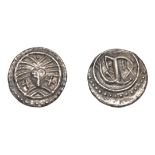 Early Anglo-Saxon Period, Sceatta, Secondary series X, Danish type B1, 'Wodan' head facing,...