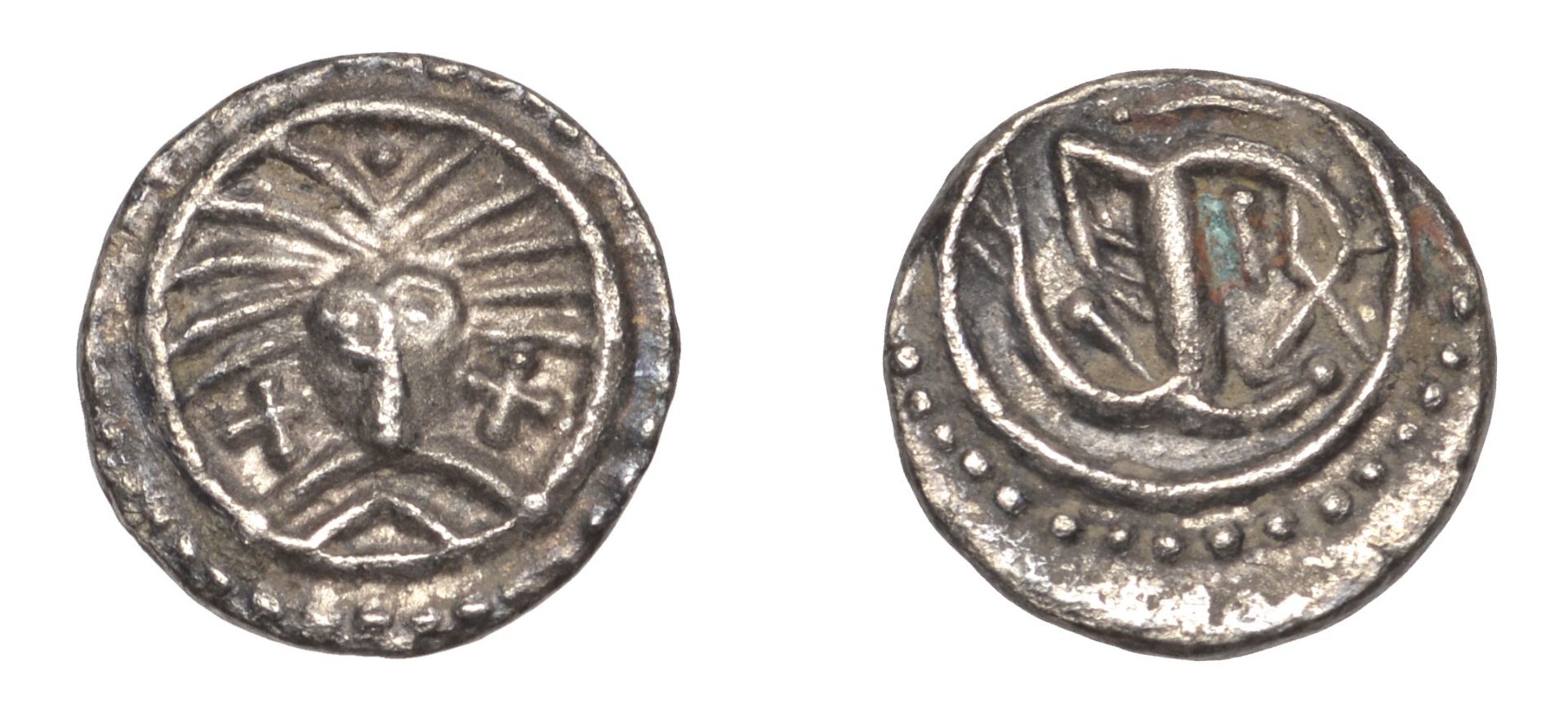 Early Anglo-Saxon Period, Sceatta, Secondary series X, Danish type B1, 'Wodan' head facing,...