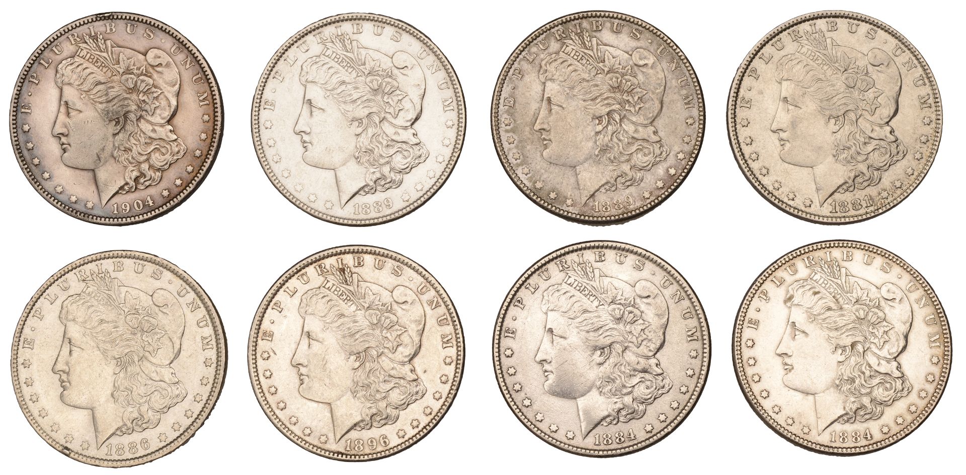 United States of America, Dollars (8), 1881, 1884 (2), 1886, 1889 (2), 1896, 1904 [8]. Very...