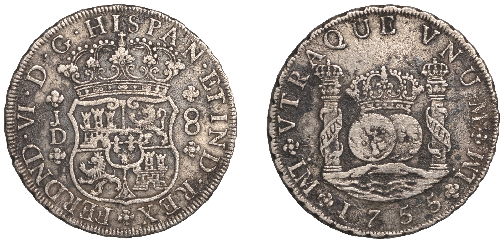 Peru, Ferdinand VI, 8 Reales, 1755jd, Lima, 26.37g/12h (CCT 279; CayÃ³n 10603). Some scratche...