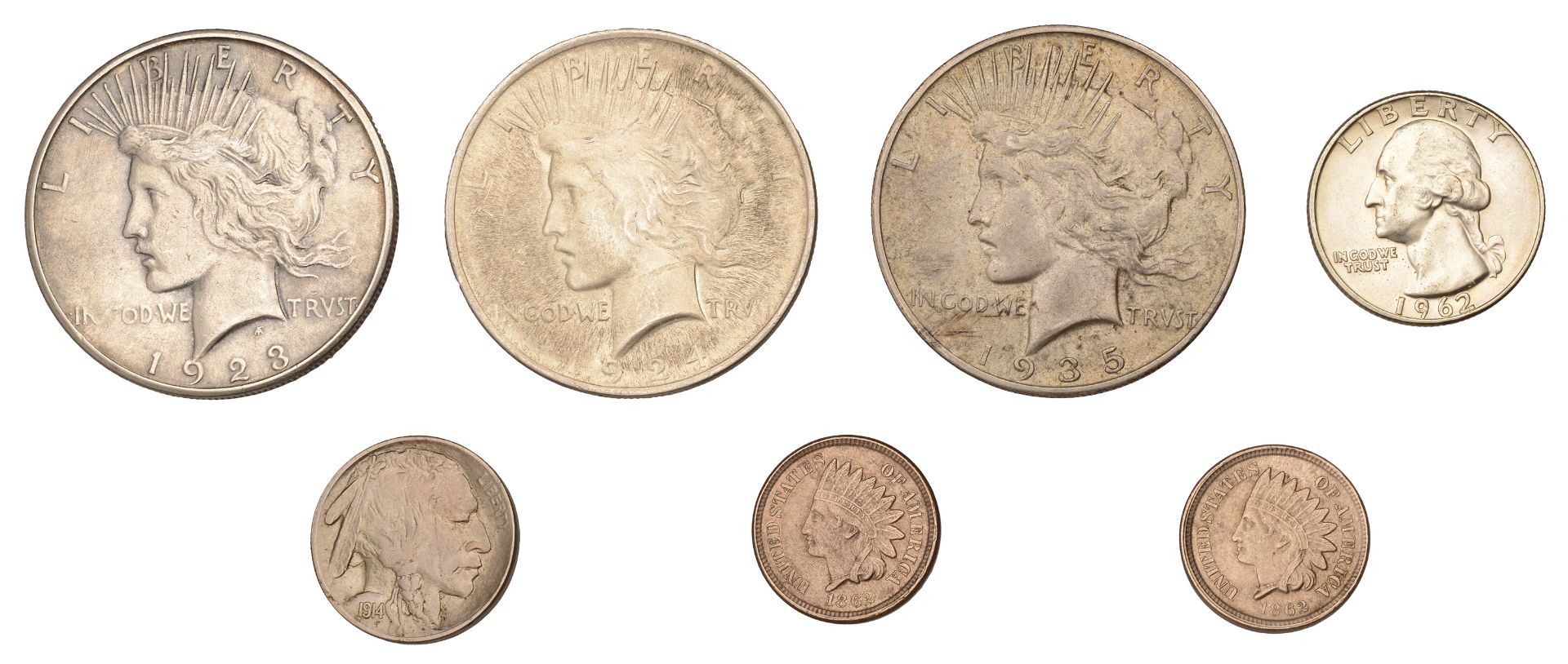 United States of America, Dollars (3), 1923s, 1924, 1935s; Quarter-Dollar, 1962d; Five Cents...