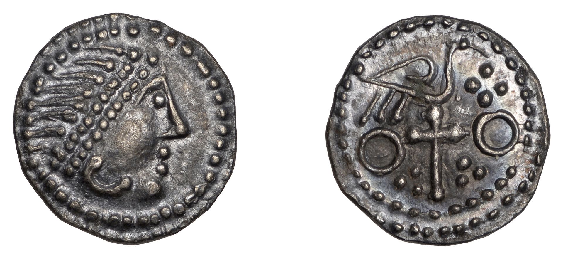 Early Anglo-Saxon Period, Sceatta, Secondary series J, type 84, diademed head right with tri...
