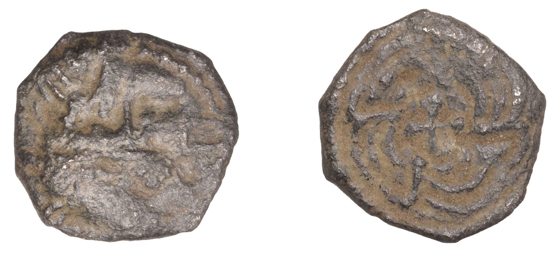 Early Anglo-Saxon Period, Sceatta, Secondary series J, type 37, two heads vis-Ã -vis, cross a...