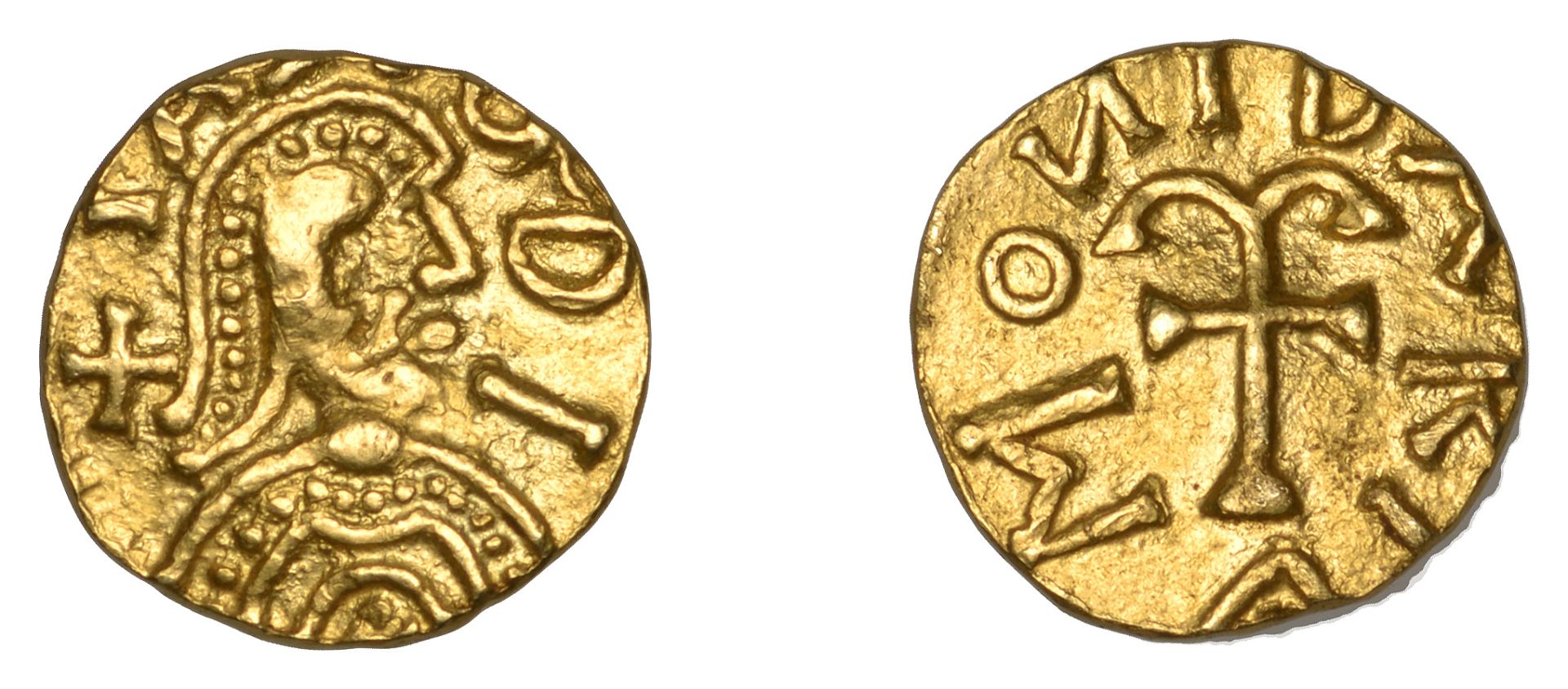 Early Anglo-Saxon Period, MEROVINGIANS, Tremissis, uncertain mint, +ia[-]odi around draped b...