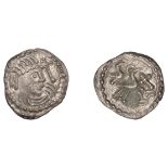 Early Anglo-Saxon Period, Sceatta, Secondary series J, type 36, diademed head right, cross i...