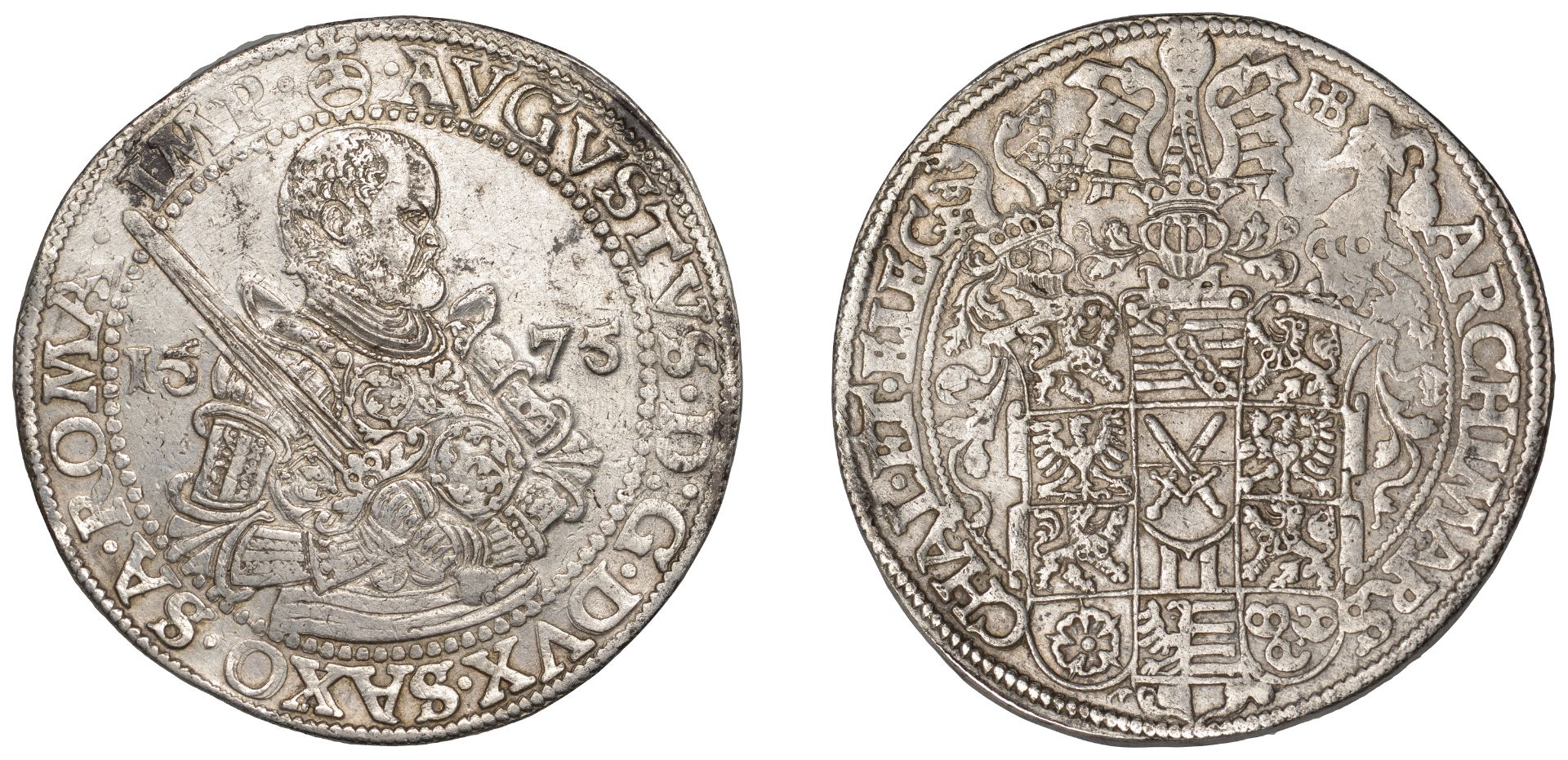 Germany, SAXONY, August, Thaler, 1575hb, Dresden, 29.13g/4h (Schnee 725; Dav. 9798). Lightly...