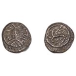 Early Anglo-Saxon Period, Sceatta, Secondary series X, Danish type B1, 'Wodan' head facing,...