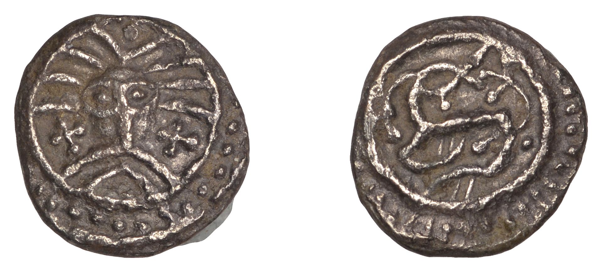 Early Anglo-Saxon Period, Sceatta, Secondary series X, Danish type B1, 'Wodan' head facing,...