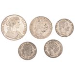 Austria, Franz Joseph I, Florins (3), 1859a, 1877, 1883 (KM 2219, 2222); 5 Corona, 1907 (KM...