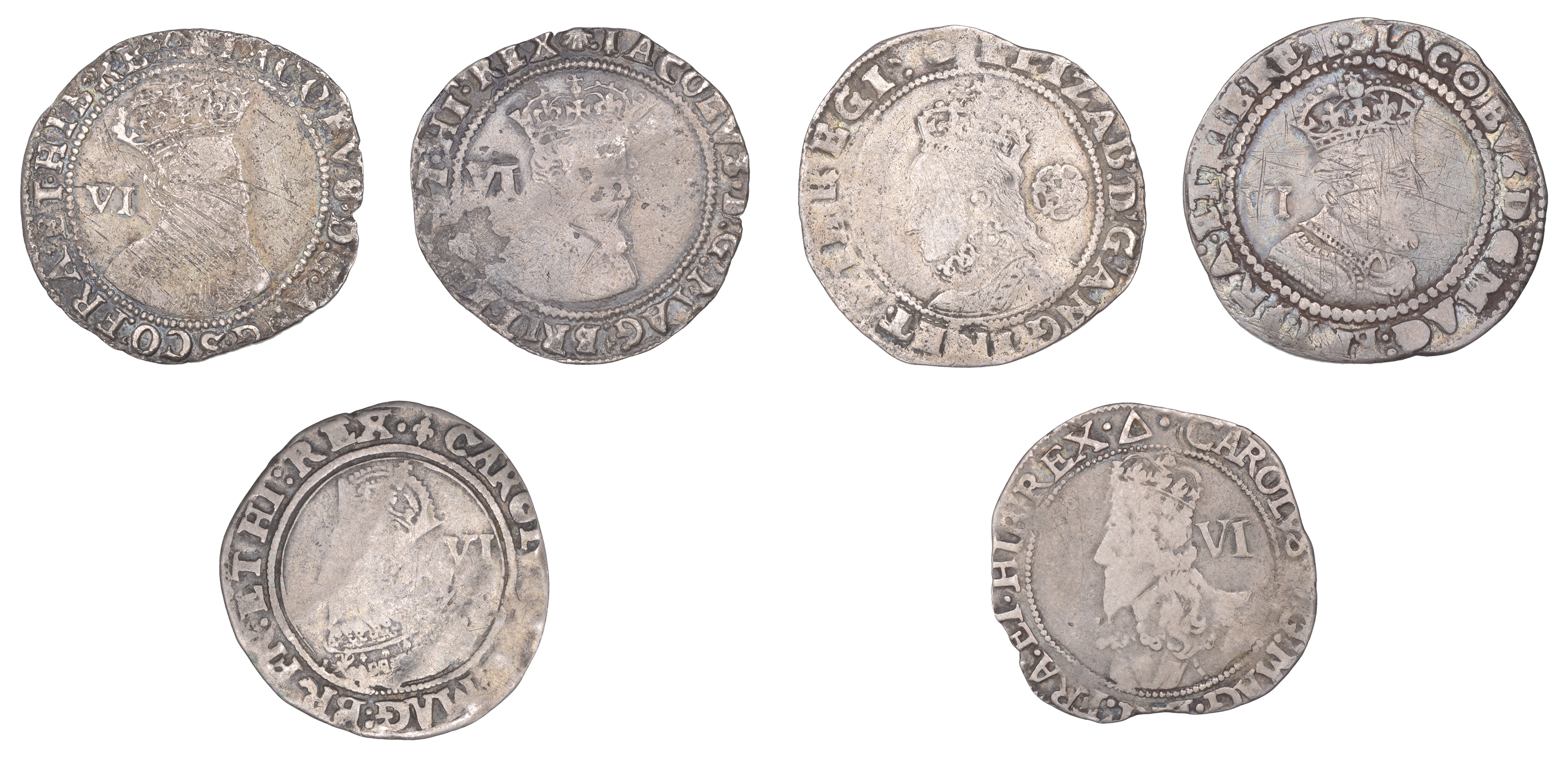 Elizabeth I, Sixth issue, Sixpence, 1593, mm. tun, 2.93g/11h (S 2578B); James I, First coina...