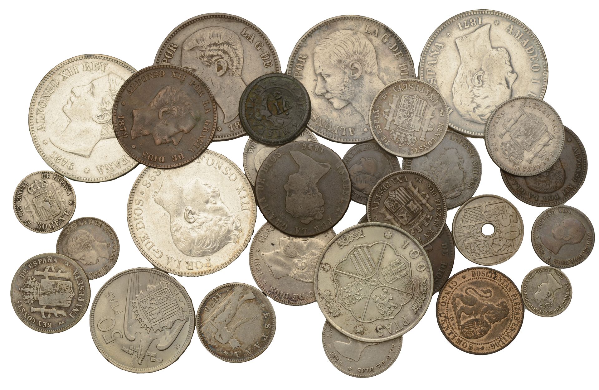 Spain, Assorted Spanish coins in silver (19), base metal (9), mostly 19th century [28]. Vari...