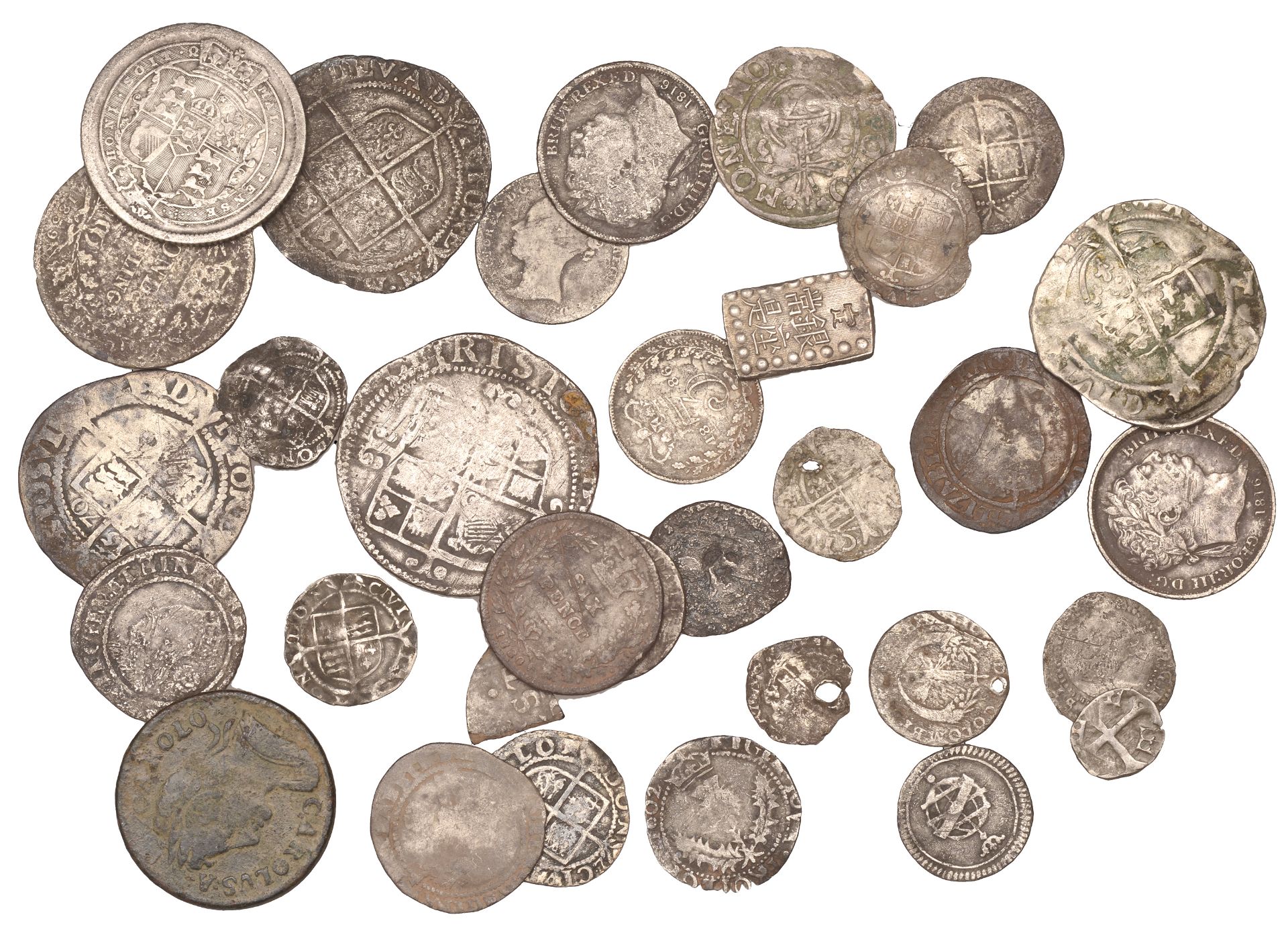 Henry VIII to Charles I, hammered silver coins (16, including one Scottish); together with l...