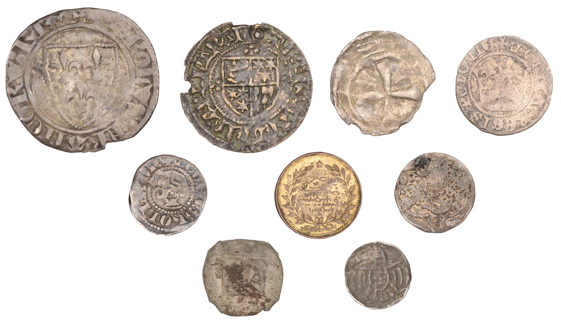 Miscellaneous, Assorted European medieval silver coins (8); together with an Ottoman token [...