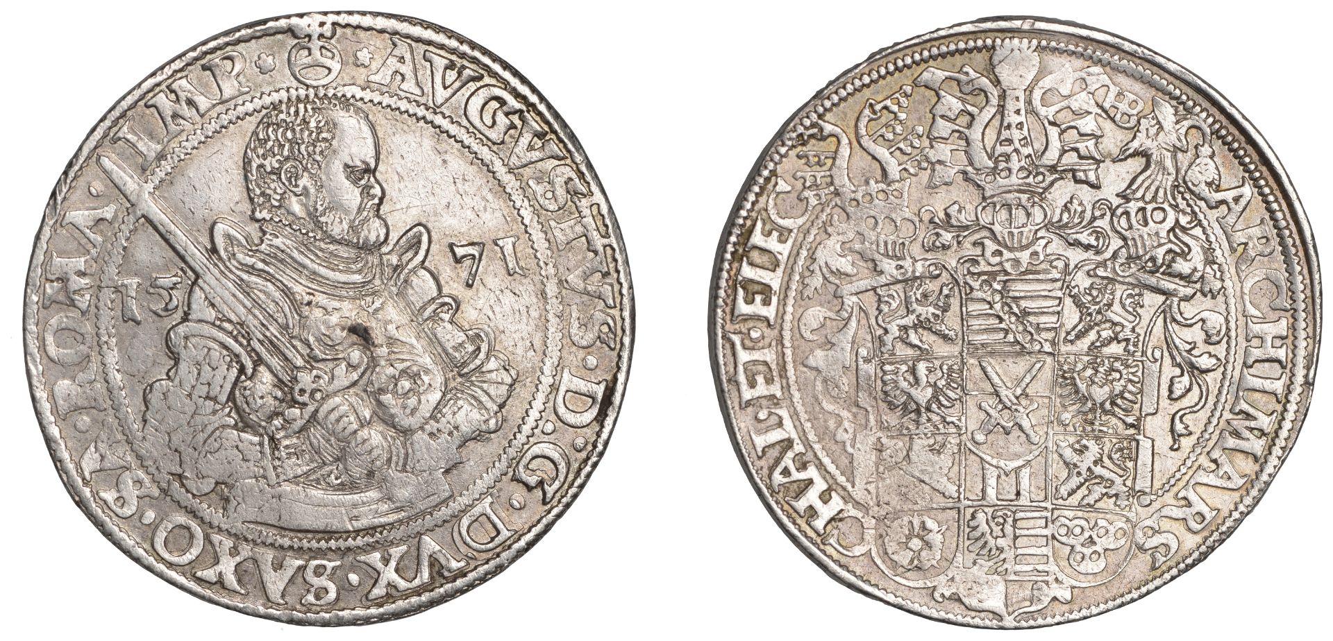 Germany, SAXONY, August, Thaler, 1571hb, Dresden, 29.12g/9h (Schnee 725; Dav. 9798). Traces...