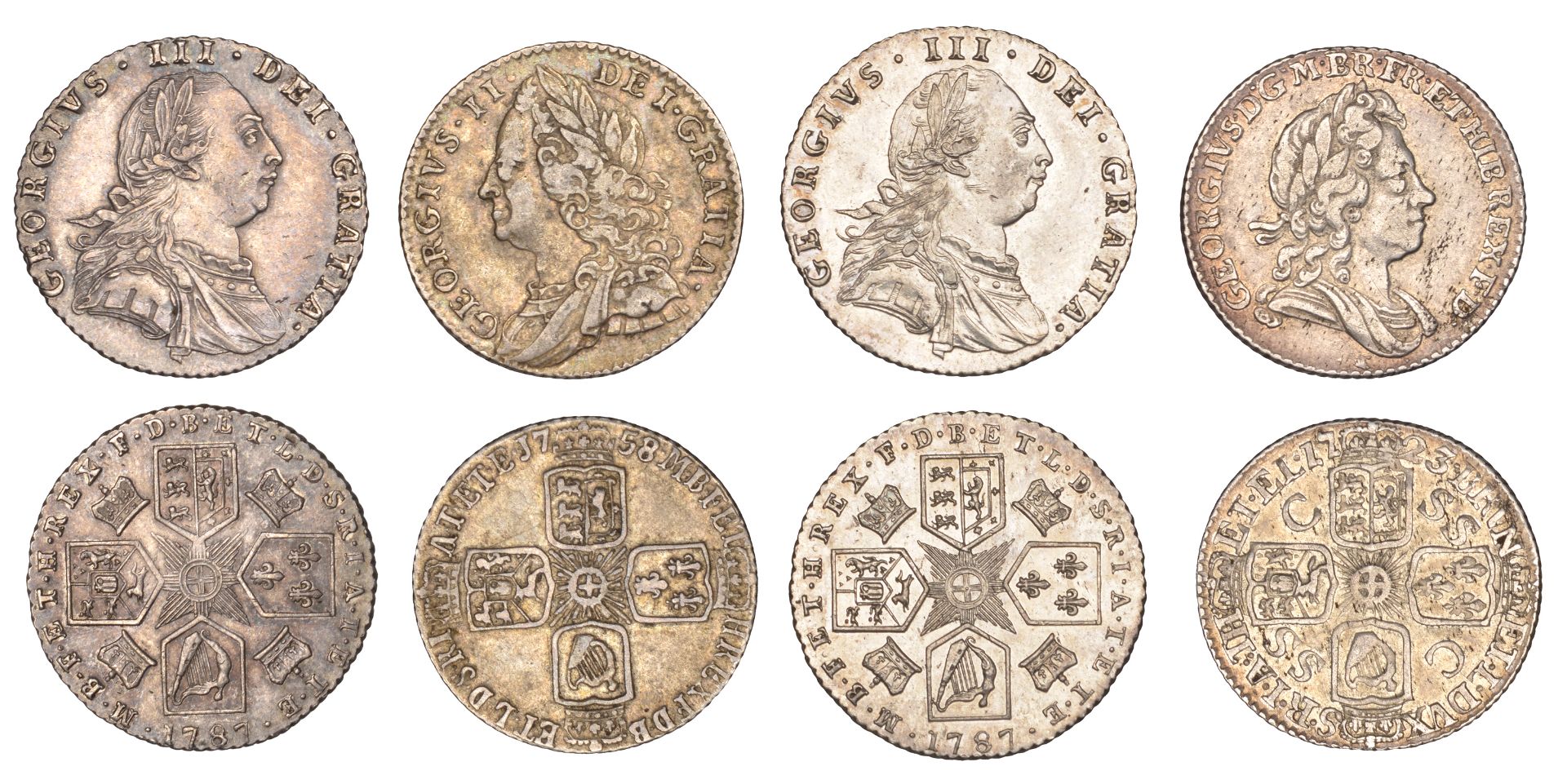 George I, Sixpence, 1723 (S 3652); George II, Sixpence, 1758 (S 3711); George III, Sixpences...