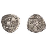 Early Anglo-Saxon Period, Sceatta, Secondary series G(c), type 3a, c. 710-60, diademed and d...