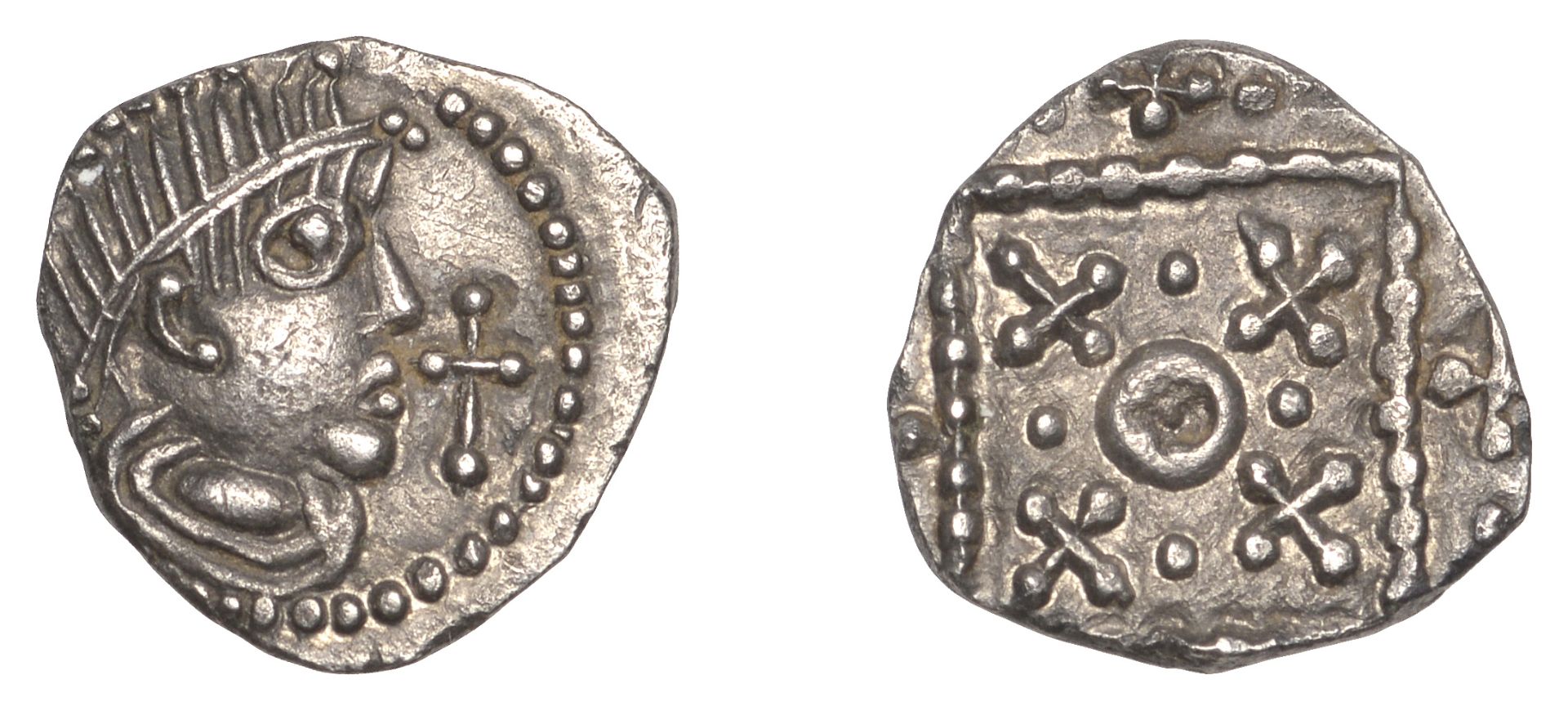 Early Anglo-Saxon Period, Sceatta, Secondary series G(c), type 3a, c. 710-60, diademed and d...