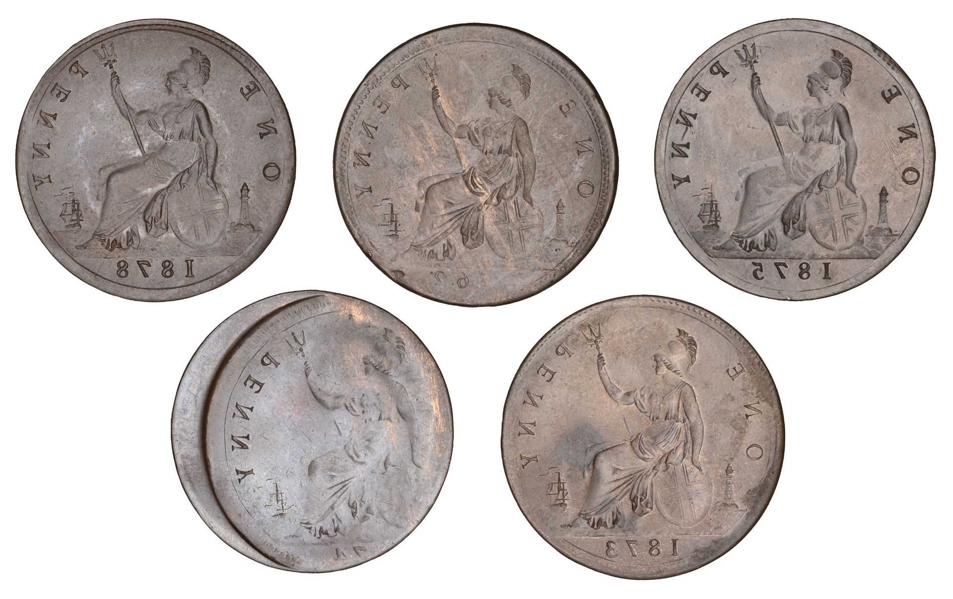 Victoria, Pennies (5), all rev. brockages, 1862, die g, 9.35g; 1873, die g, 9.30g; 1874, die... - Bild 2 aus 2