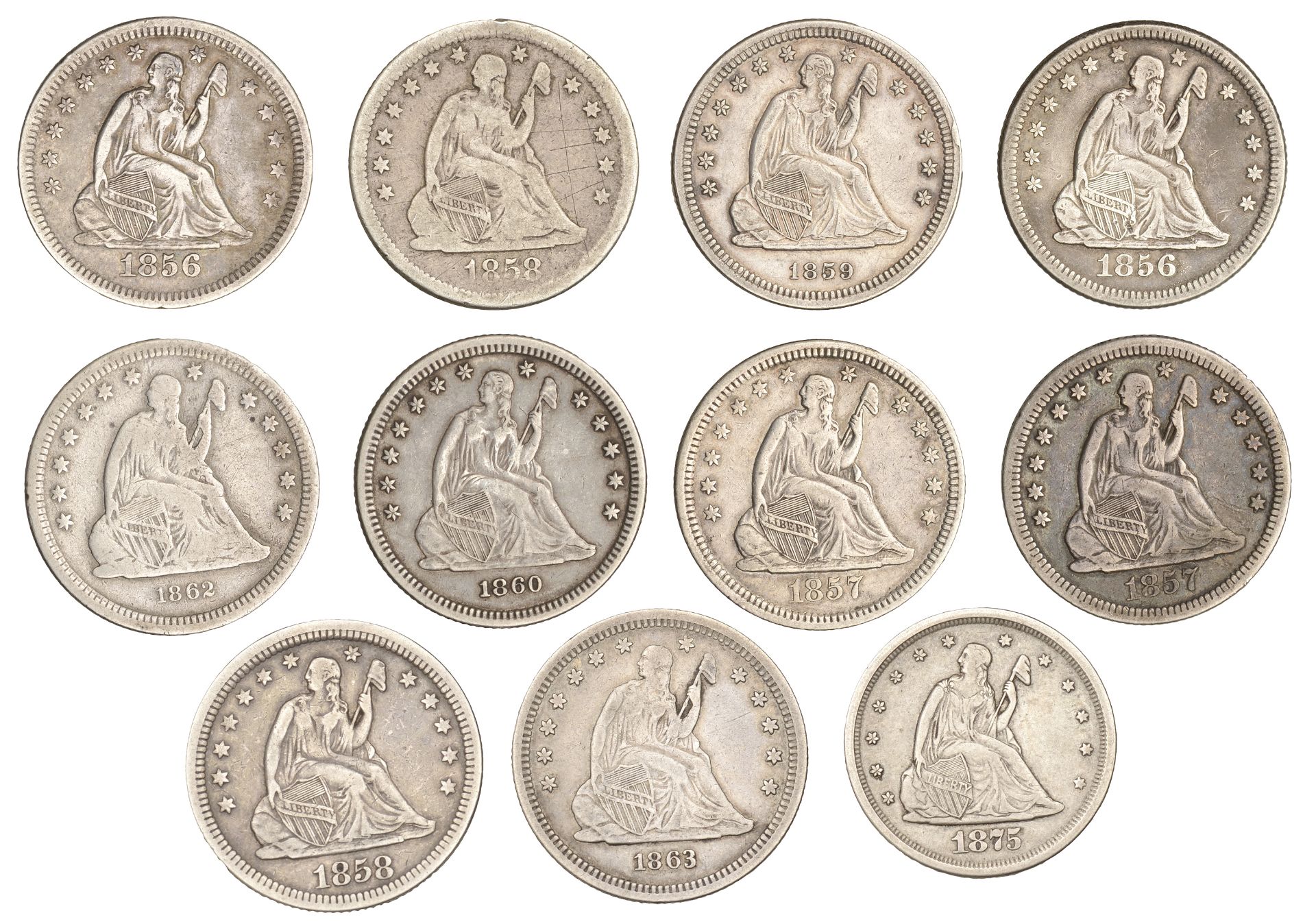 United States of America, Quarter-Dollars (10), 1856, 1856o, 1857, 1857o, 1858, 1858o, 1859,... - Image 2 of 2