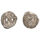 Early Anglo-Saxon Period, Sceatta, Secondary series P, type 51, two standing figures, the le...