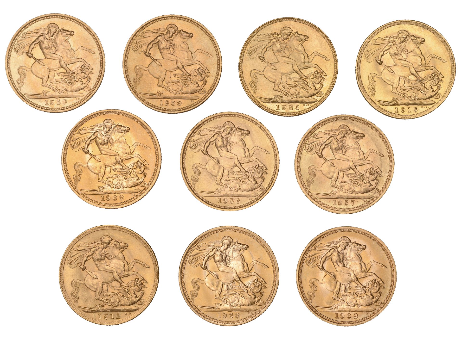 George V and Elizabeth II, Sovereigns (10), 1912, 1915, 1925, 1957, 1958, 1959 (2), 1962 (2)... - Bild 2 aus 2