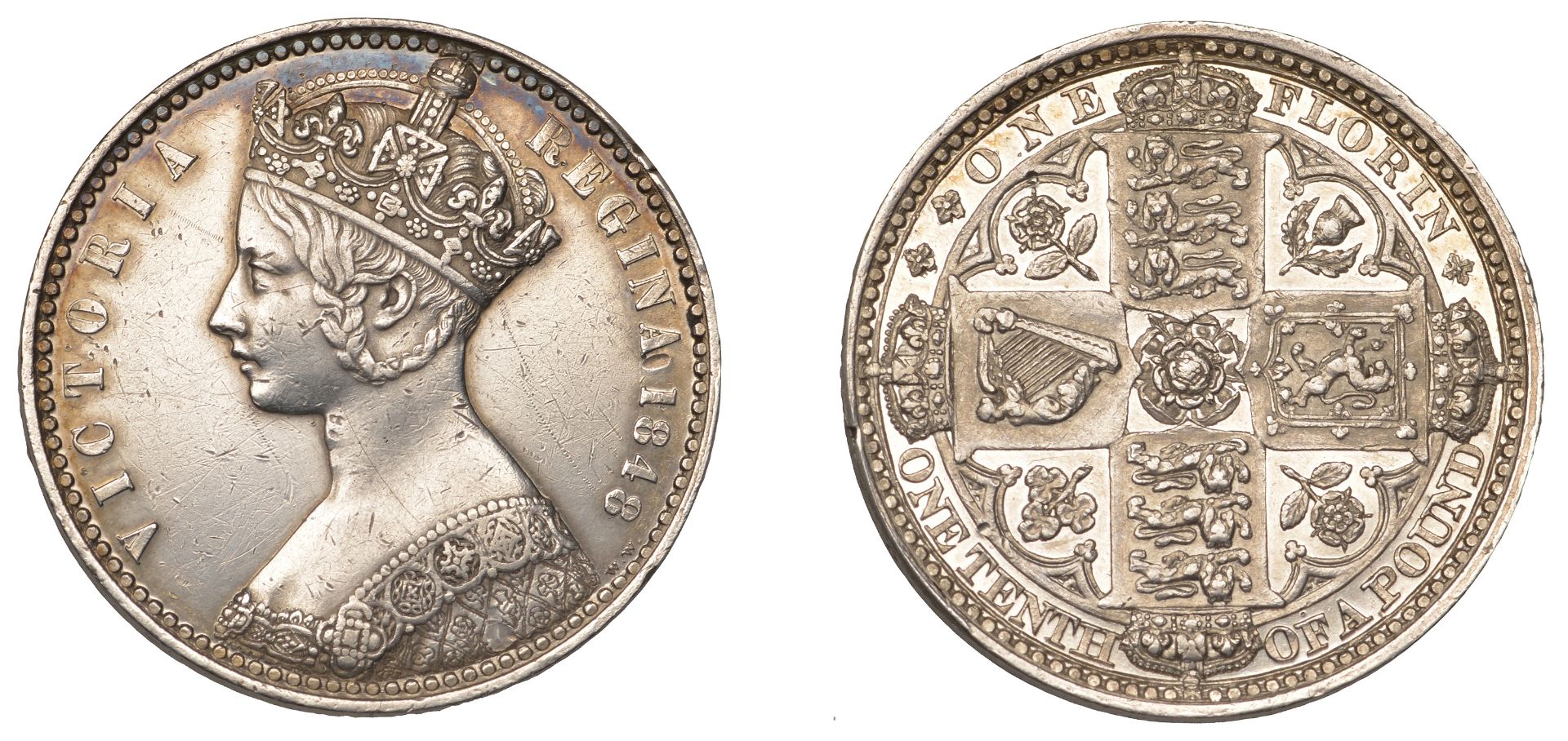 Victoria (1837-1901), Pattern Florin, 1848, by W. Wyon, in silver, crowned bust left, rev. c...