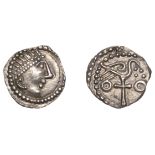 Early Anglo-Saxon Period, Sceatta, Secondary series J, type 84, diademed head right, rev. bi...