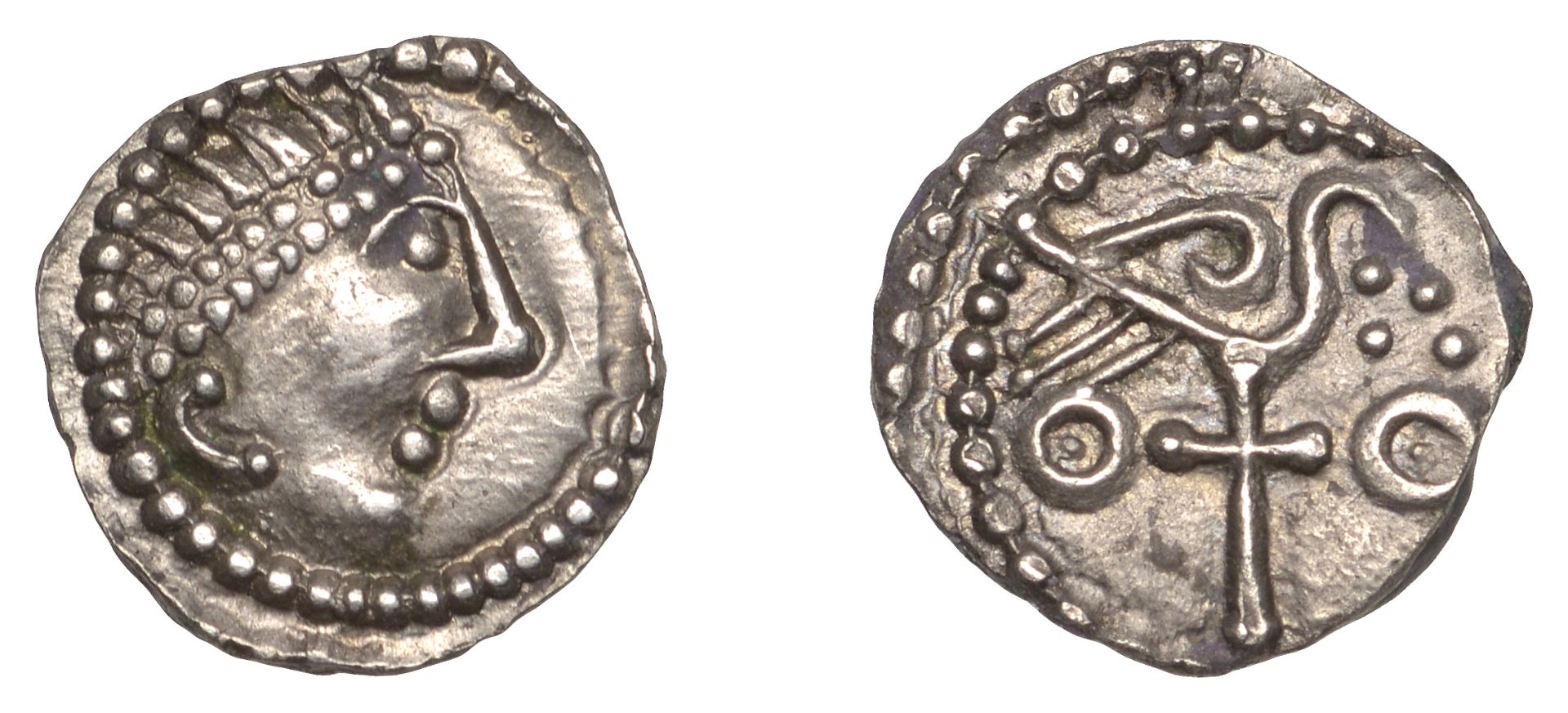 Early Anglo-Saxon Period, Sceatta, Secondary series J, type 84, diademed head right, rev. bi...