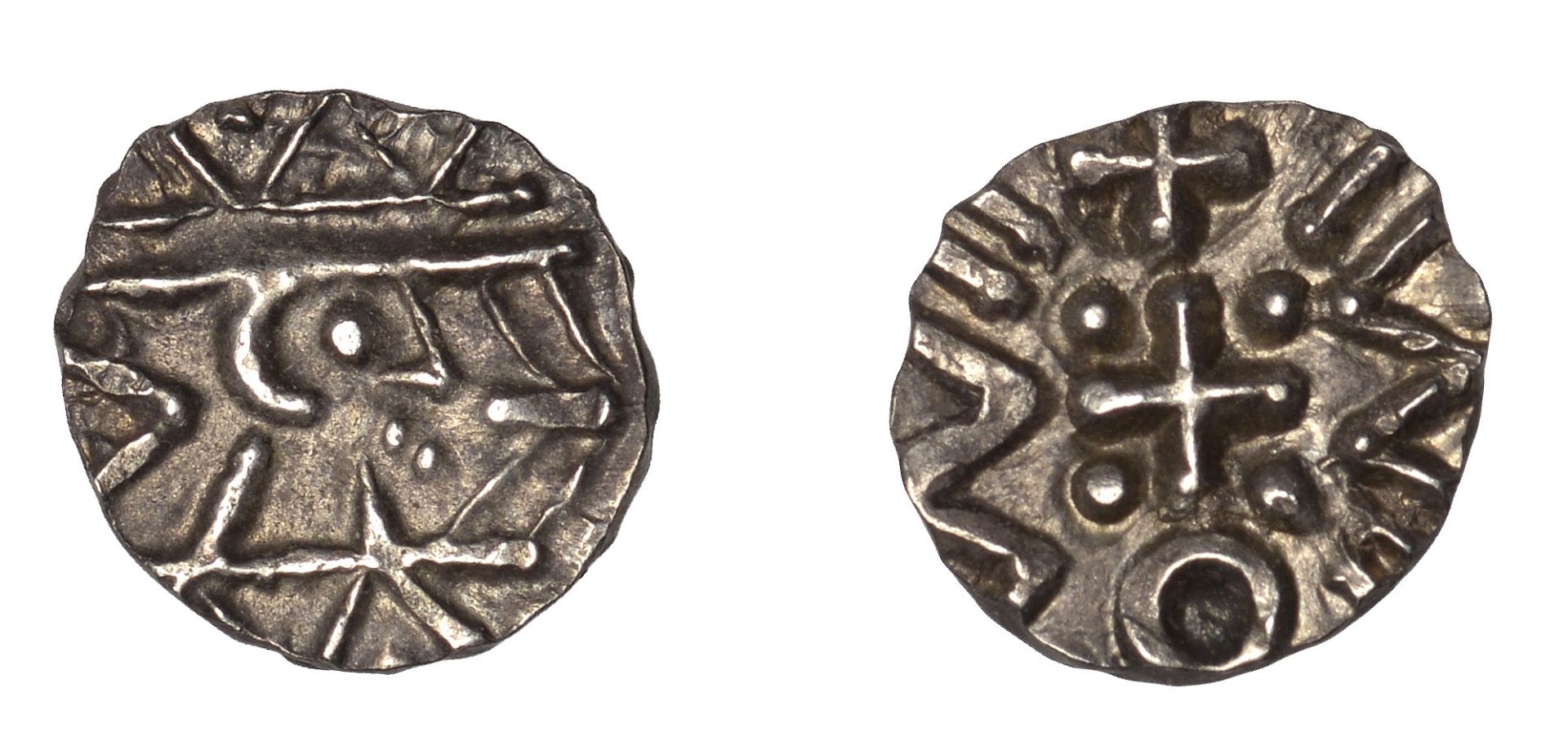 Early Anglo-Saxon Period, Sceatta, Continental series D, type 4c, degenerate radiate bust ri...