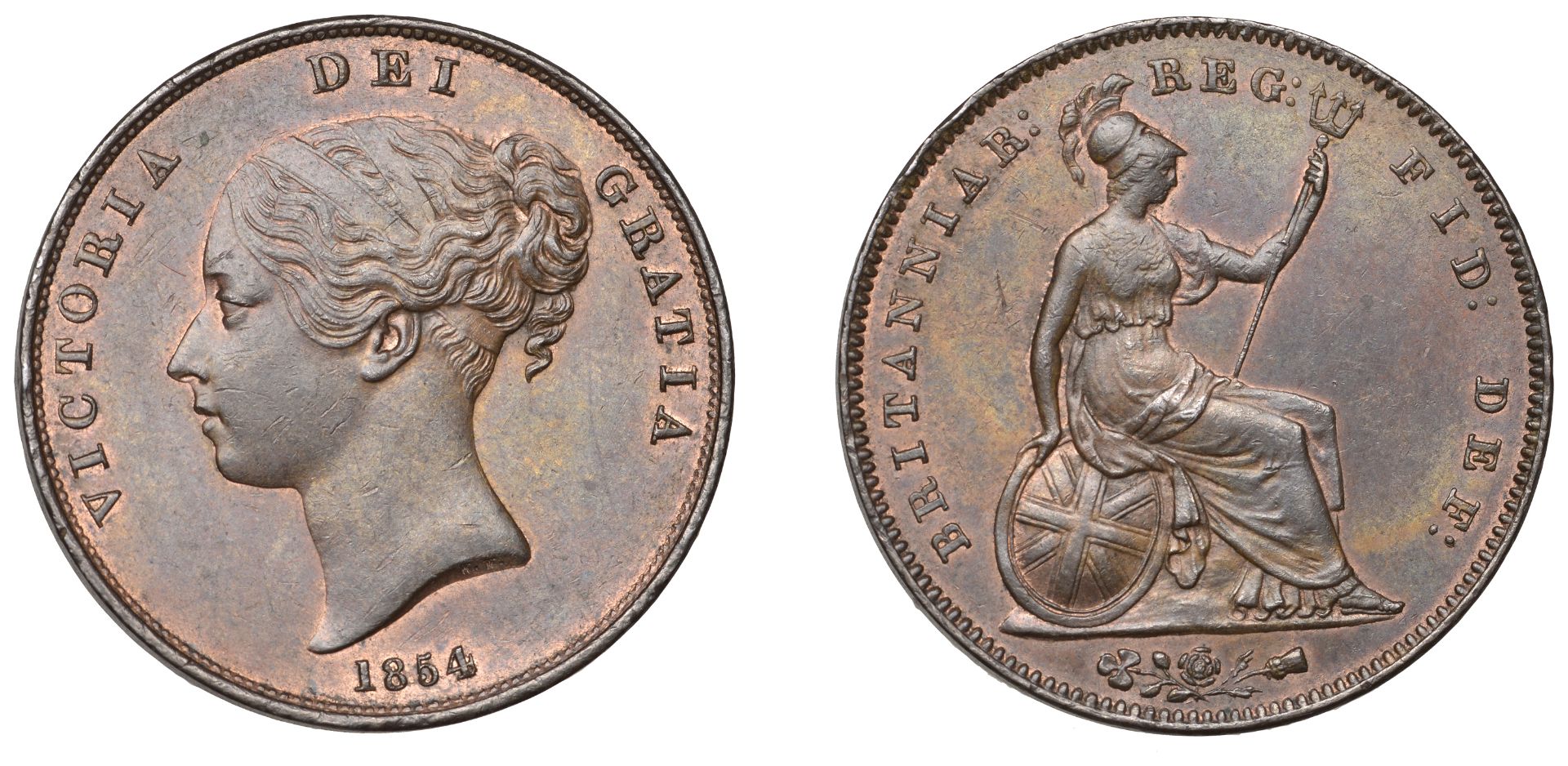 Victoria (1837-1901), Penny, 1854/3, plain trident, close colon (BMC 1505; S 3948). Extremel...