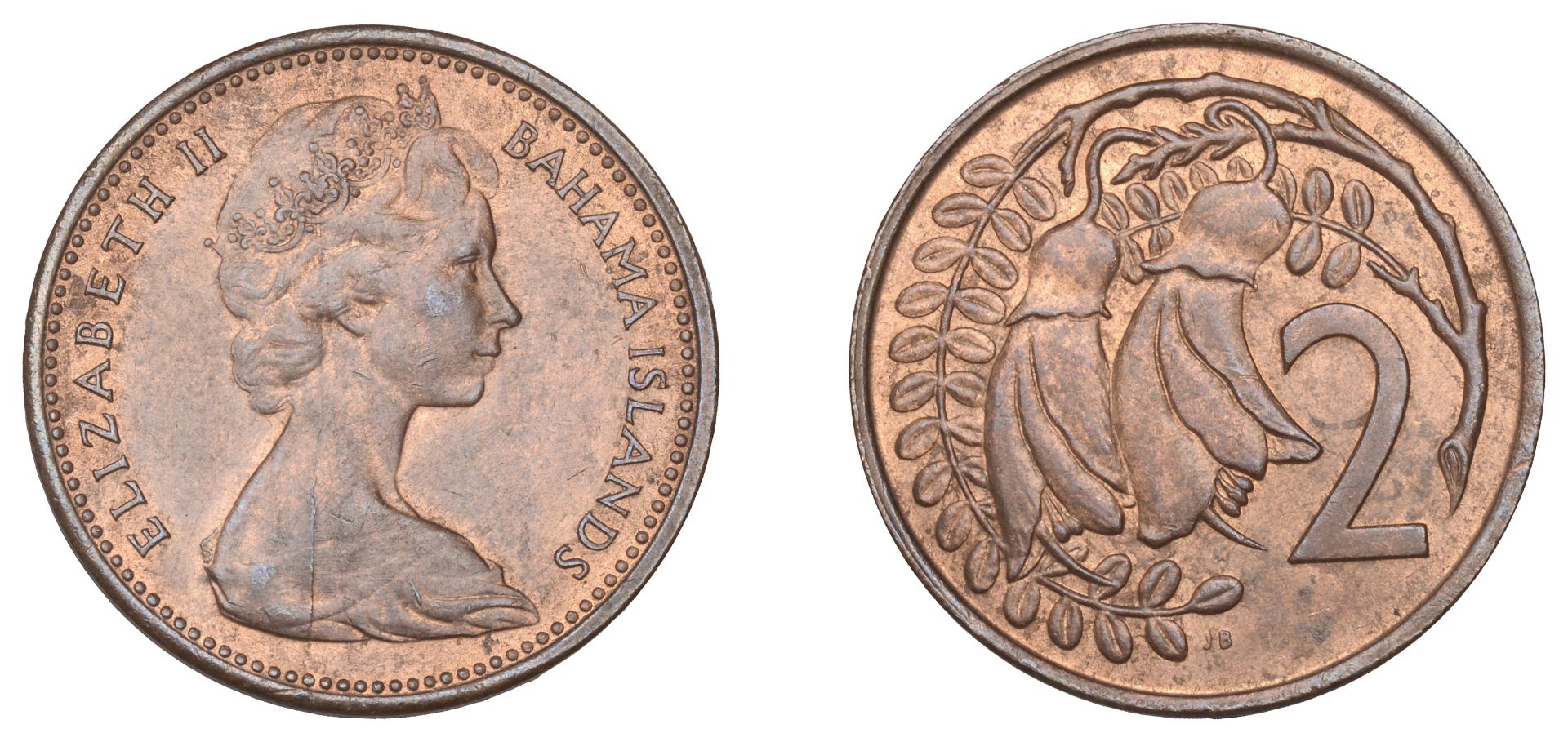 New Zealand, Elizabeth II, mule Two Cents, undated [1967], struck from a Bahamas obv. die, 2...