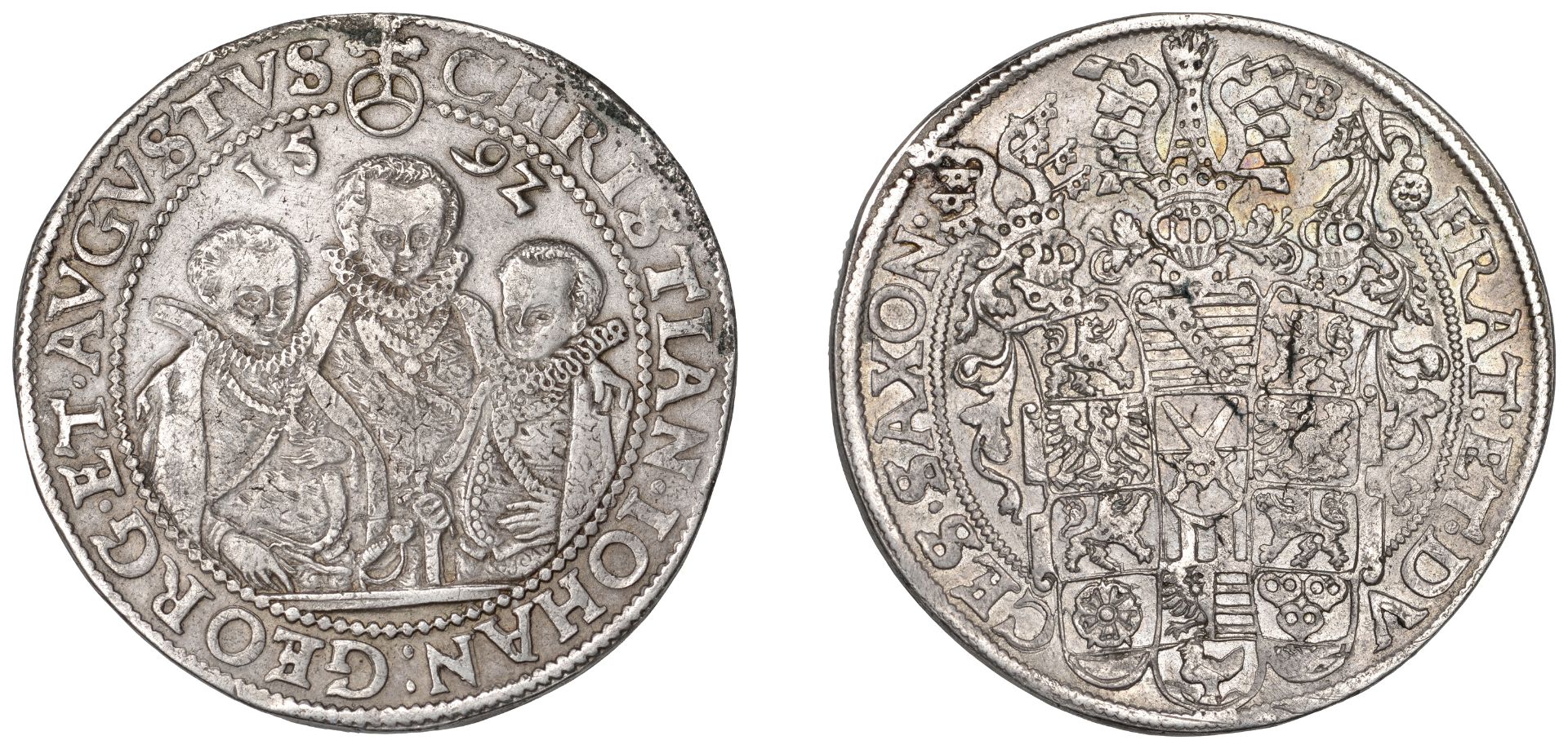 Germany, SAXONY, Christian II, Johann Georg and August, Thaler, 1592hb, Dresden, 29.05g/4h (...