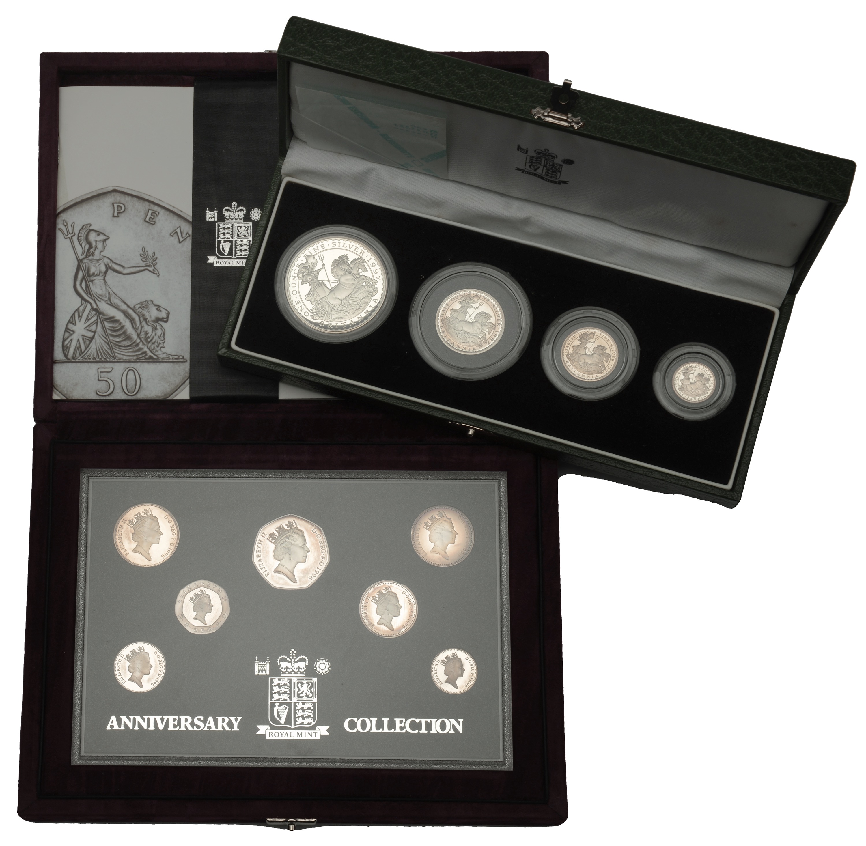 Elizabeth II, silver Proof set, 1996 (S PSS09); Britannia silver Proof set, 1997 (S PBS01) [...