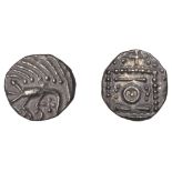 Early Anglo-Saxon Period, Continental series E, Sceatta, variety K, bird-like figure, cross...