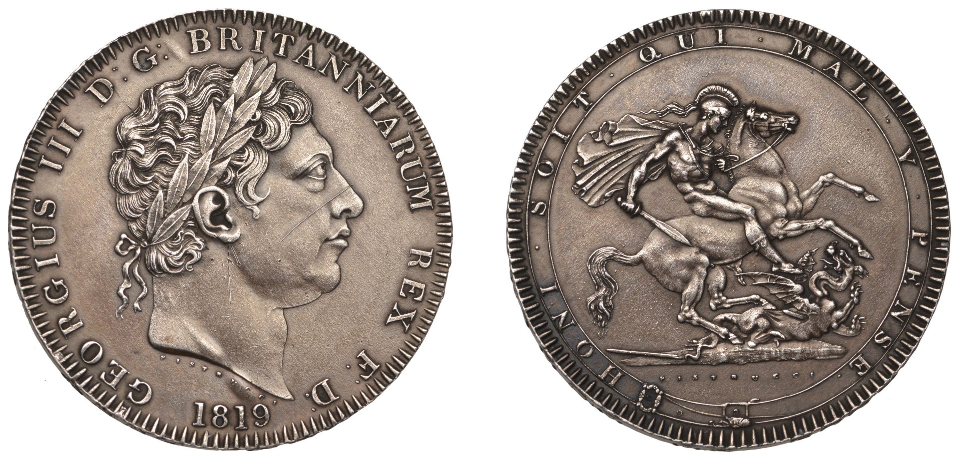 George III (1760-1820), New coinage, Crown, 1819, edge lix (ESC 2010; S 3787). Cleaned and a...