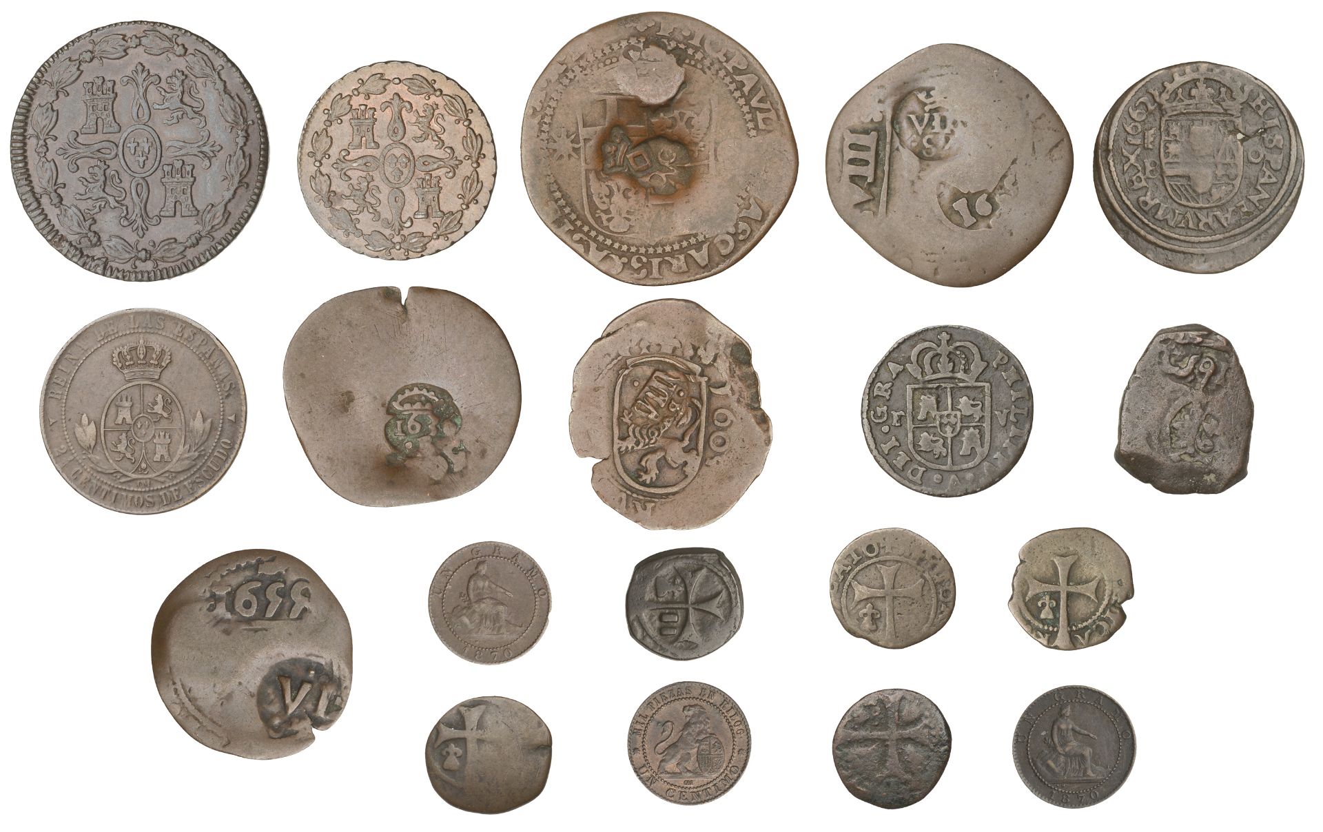 Spain, Assorted Spanish copper coins (18), various types, including countermarked issues; to... - Image 2 of 2