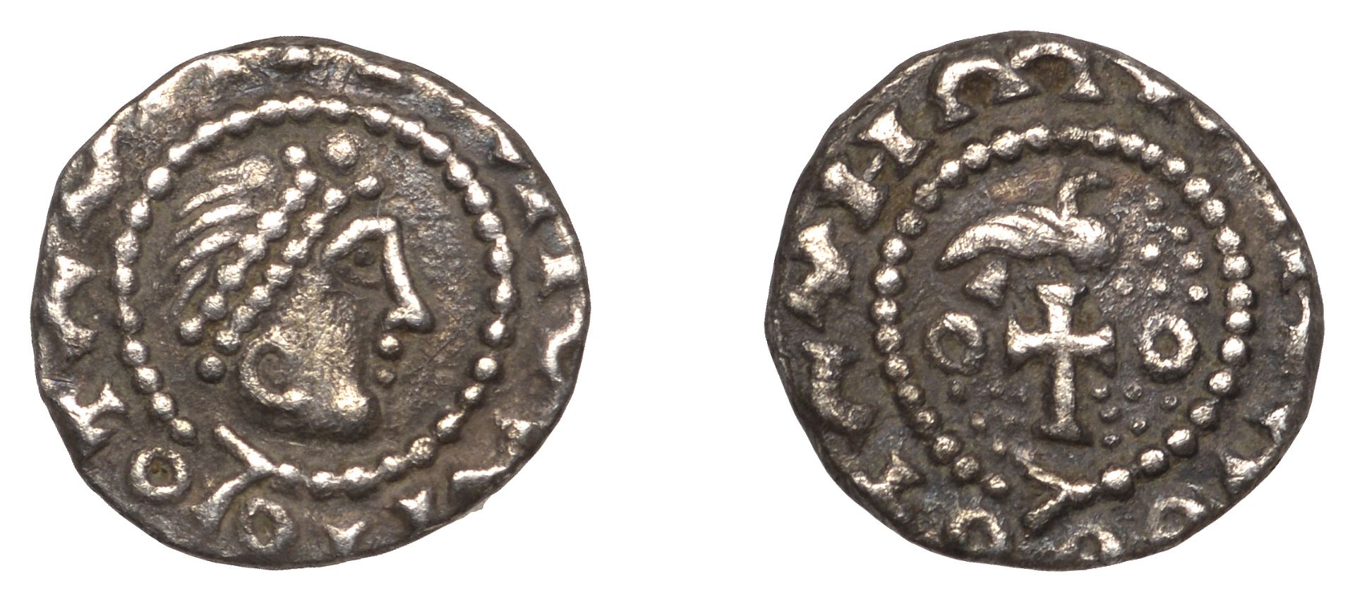 Early Anglo-Saxon Period, Sceatta, Primary series BI, diademed head right within clockwise b...