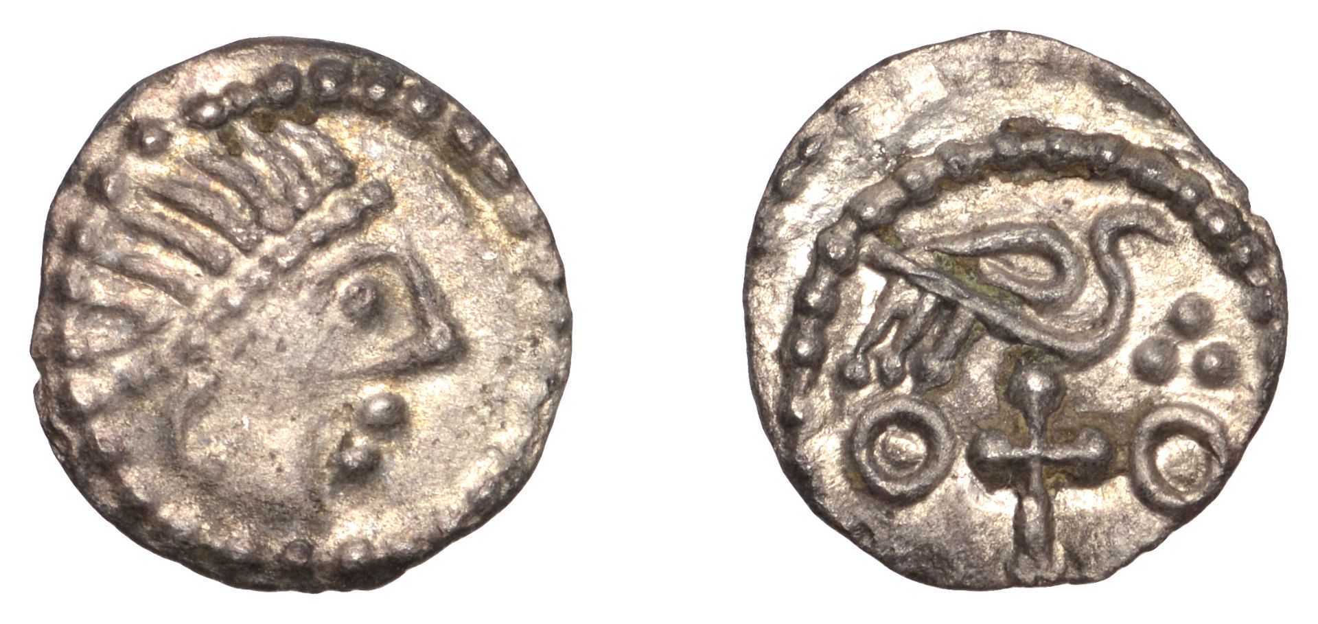 Early Anglo-Saxon Period, Sceatta, Secondary series J, type 84, diademed head right, rev. bi...