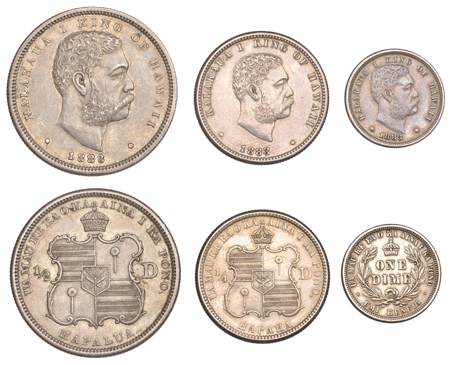 United States of America, HAWAII, Kalakaua I, Half-Dollar, Quarter-Dollar, and Dime, all 188...