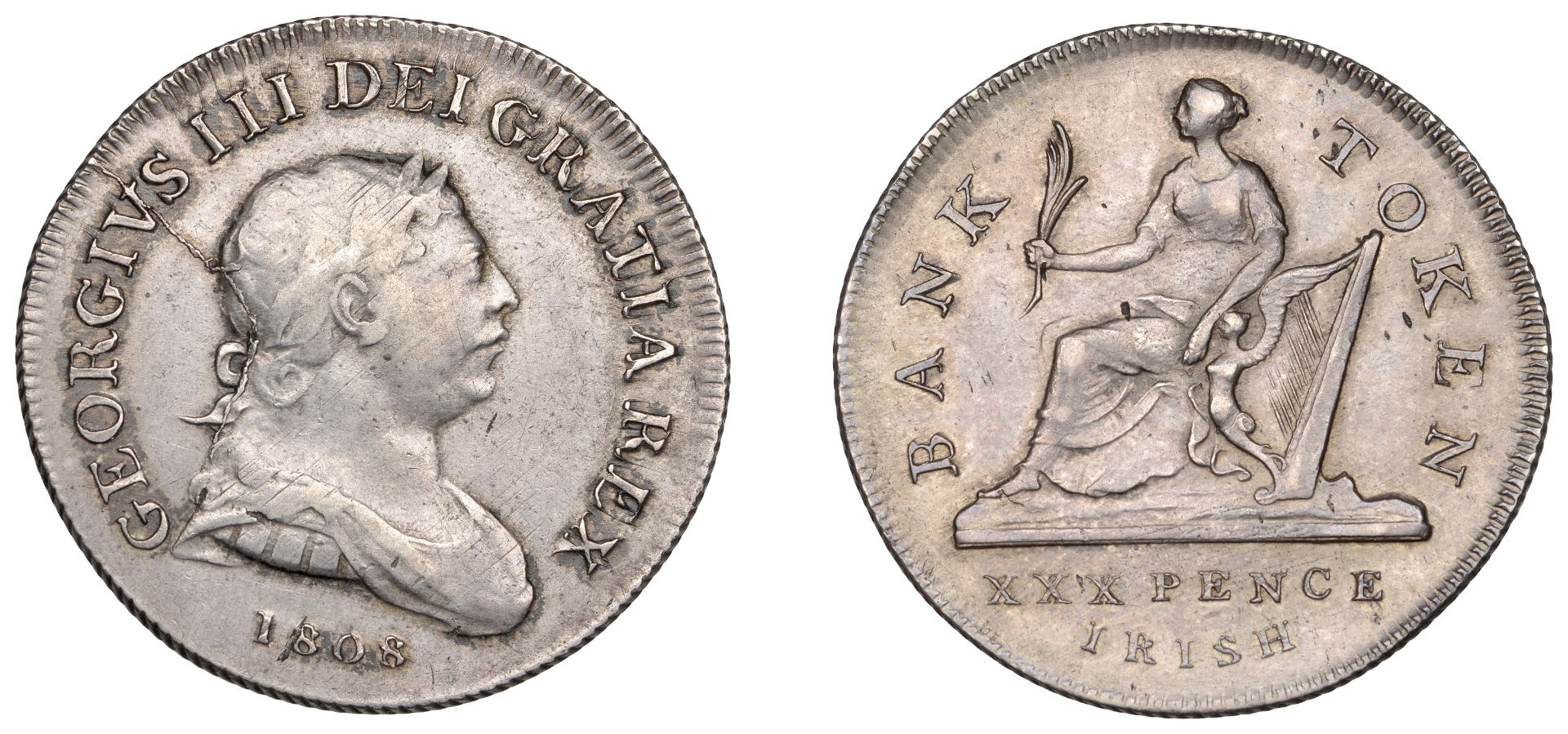 George III (1760-1820), Bank of Ireland coinage, Thirty Pence, 1808, top of harp points to o...